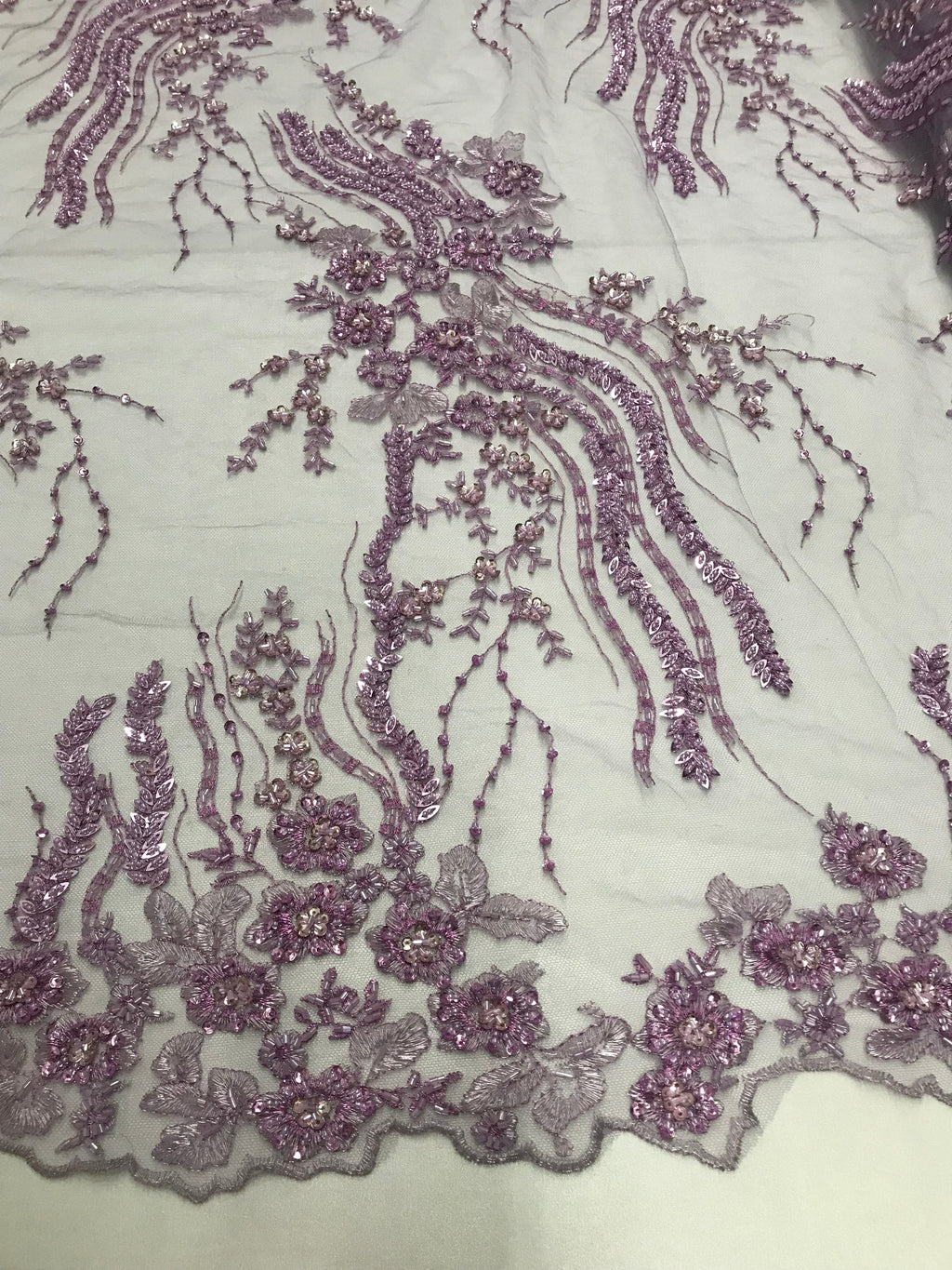 Beaded - Lilac - Elegant Small Flower Pattern Design Sequins Fabric with Beads Sold By The Yard