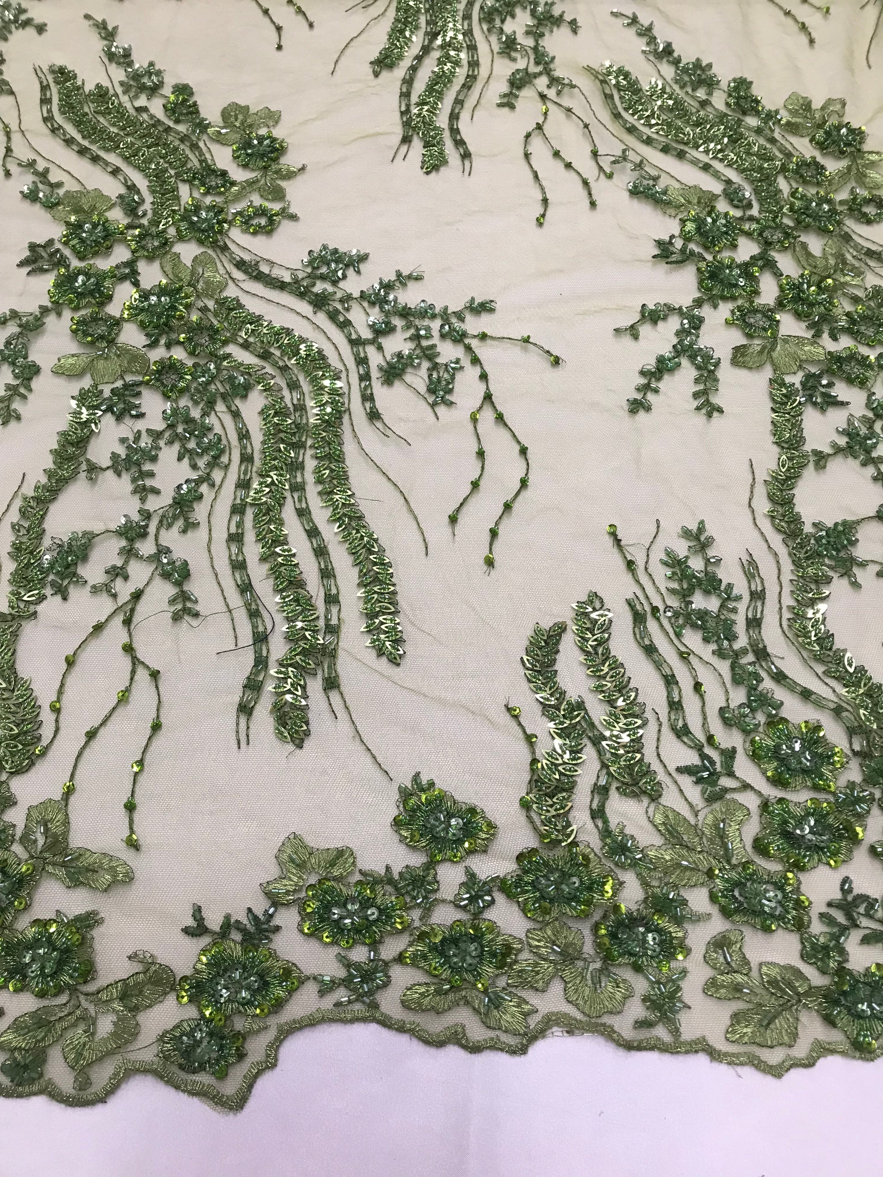 Beaded - Olive - Elegant Small Flower Pattern Design Sequins Fabric with Beads Sold By The Yard