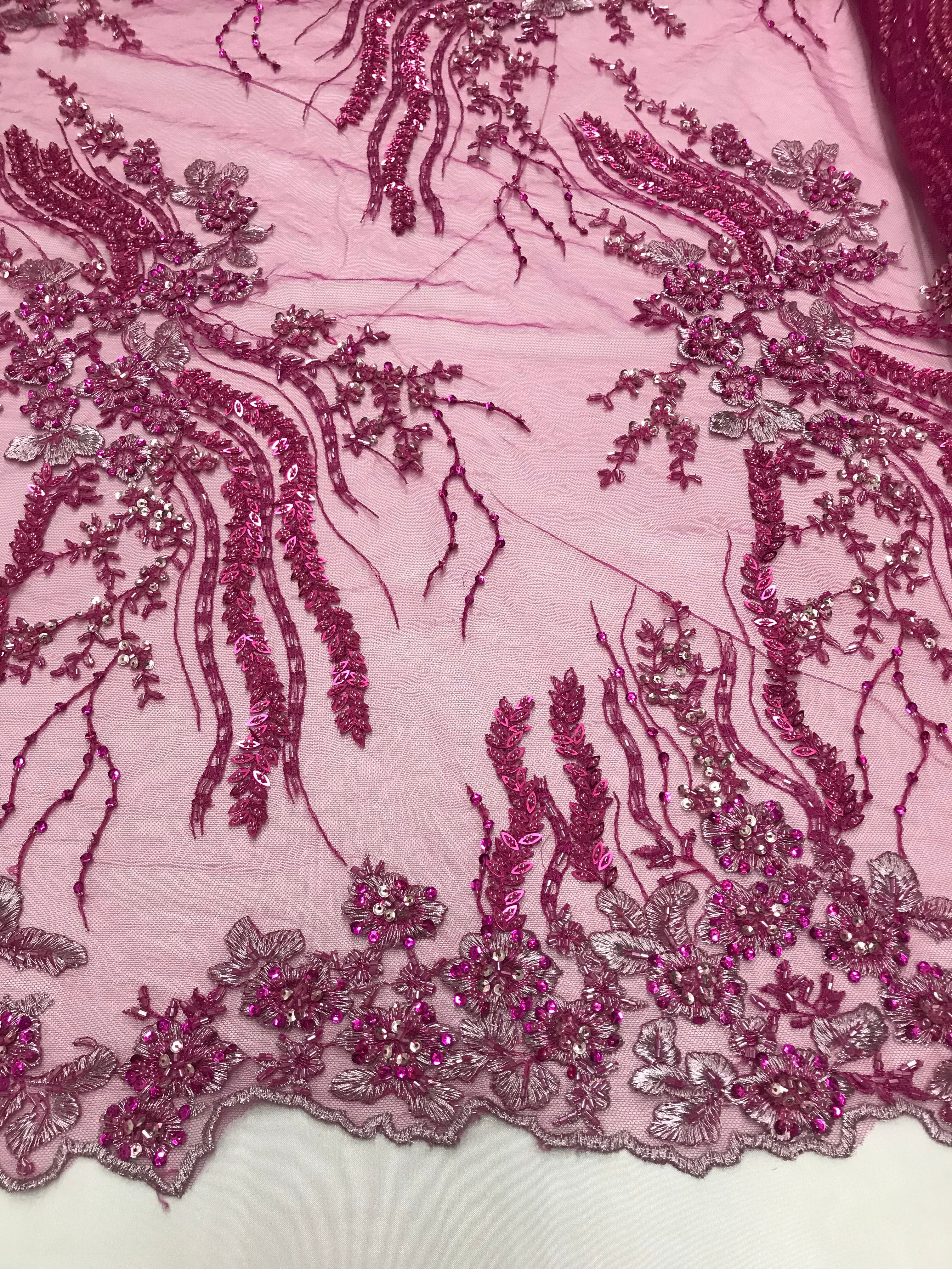 Beaded - Magenta - Elegant Small Flower Pattern Design Sequins Fabric with Beads Sold By The Yard