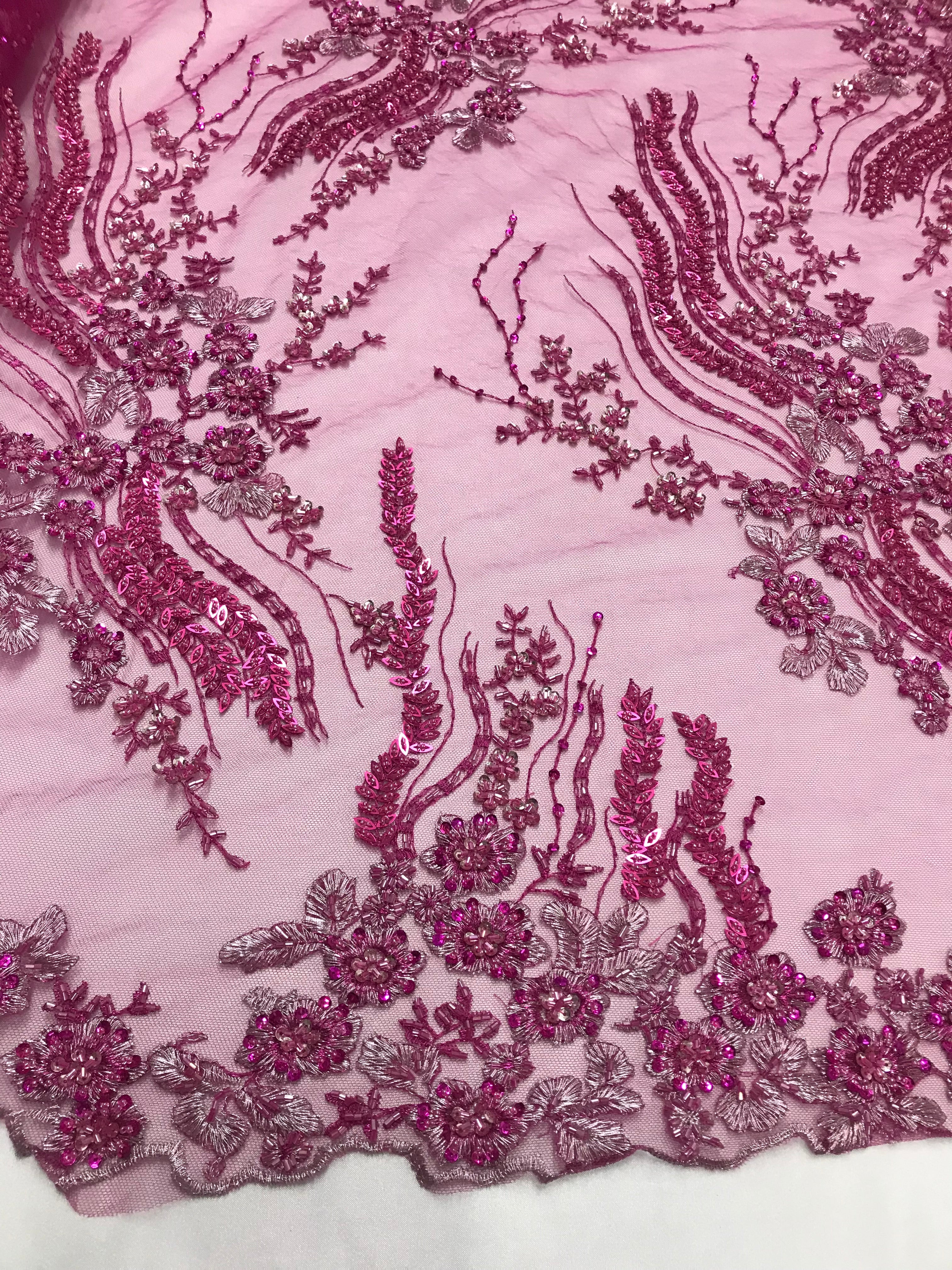 Beaded - Magenta - Elegant Small Flower Pattern Design Sequins Fabric with Beads Sold By The Yard