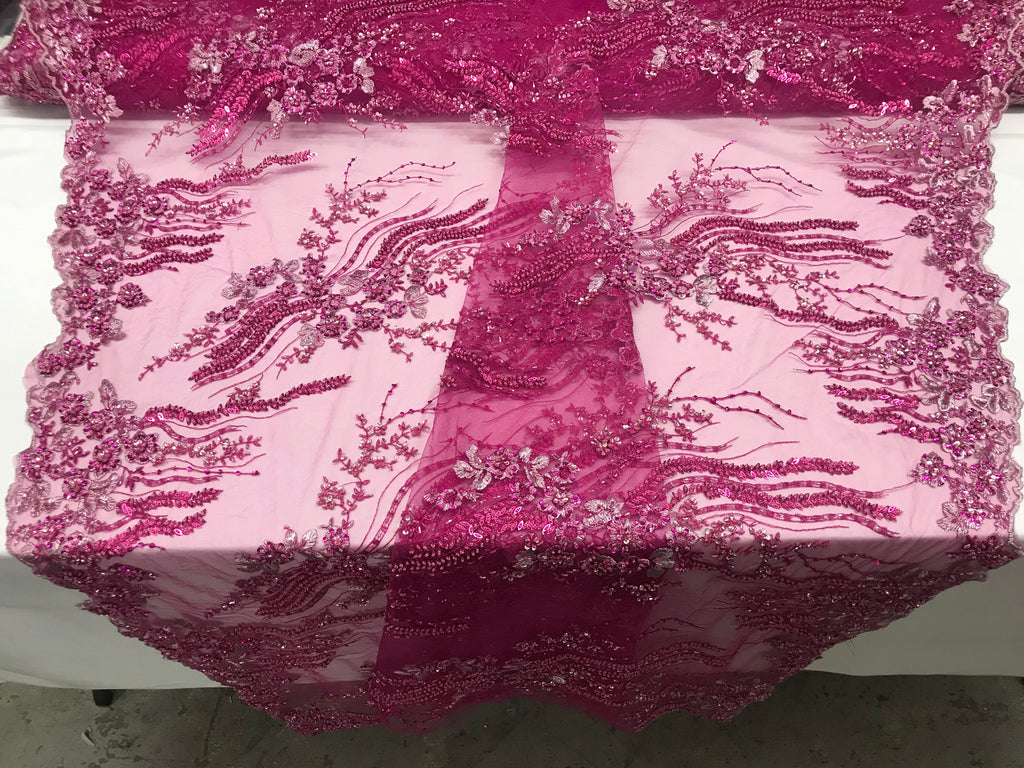 Beaded - Magenta - Elegant Small Flower Pattern Design Sequins Fabric with Beads Sold By The Yard