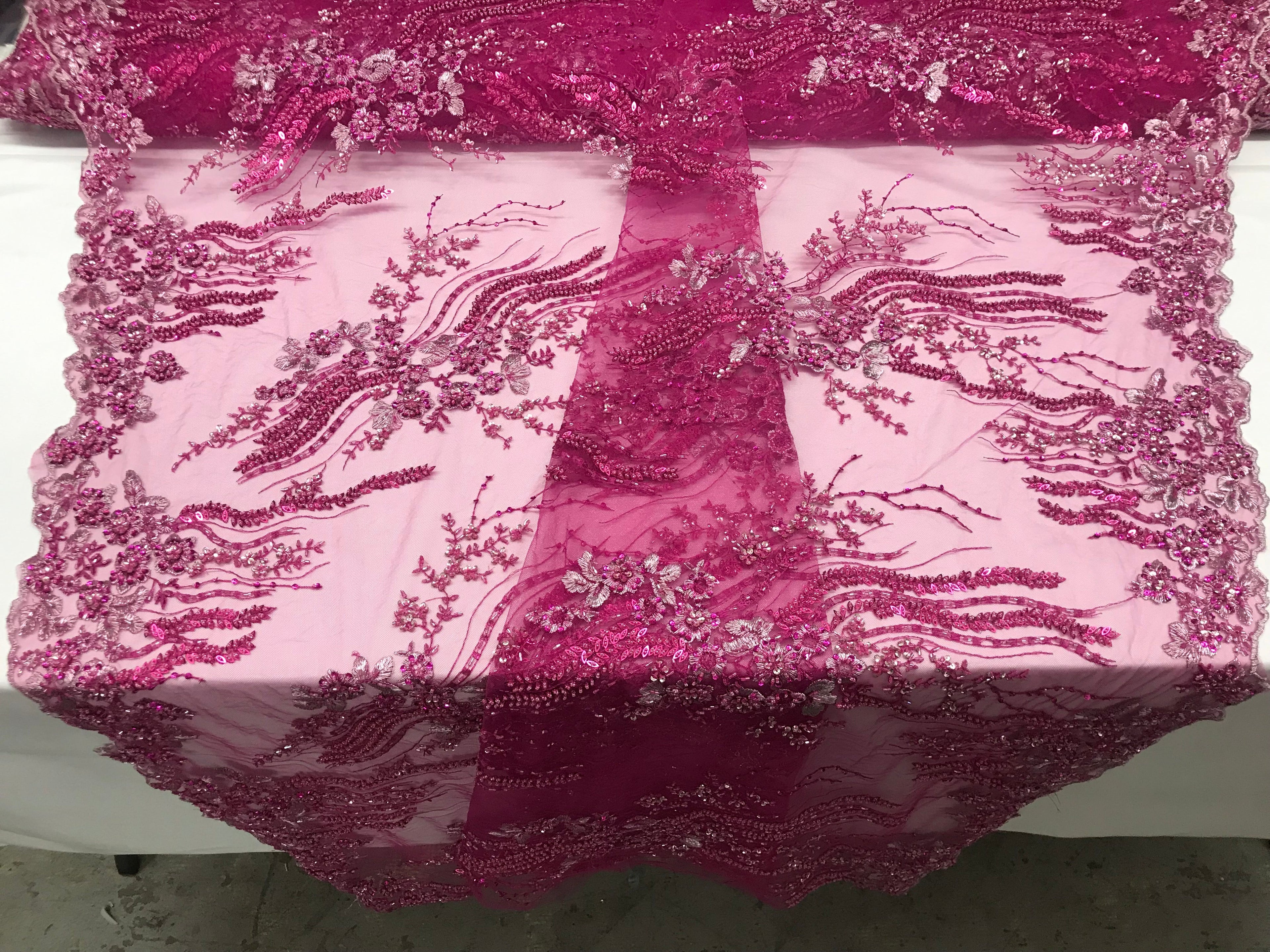 Beaded - Magenta - Elegant Small Flower Pattern Design Sequins Fabric with Beads Sold By The Yard