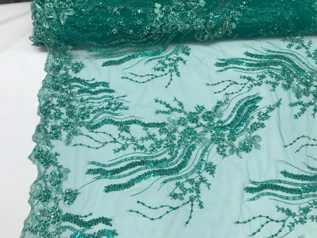 Beaded - Jade - Elegant Small Flower Pattern Design Sequins Fabric with Beads Sold By The Yard