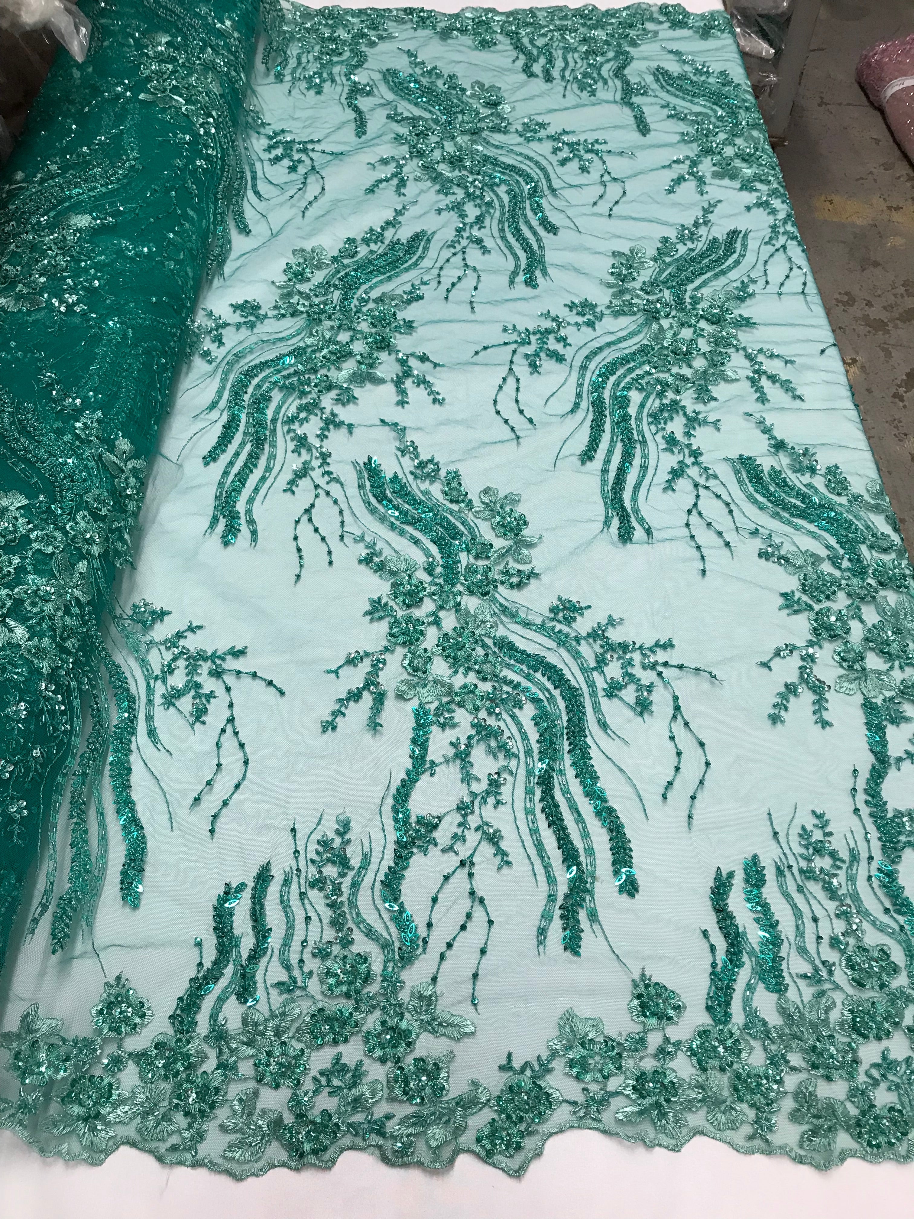 Beaded - Jade - Elegant Small Flower Pattern Design Sequins Fabric with Beads Sold By The Yard