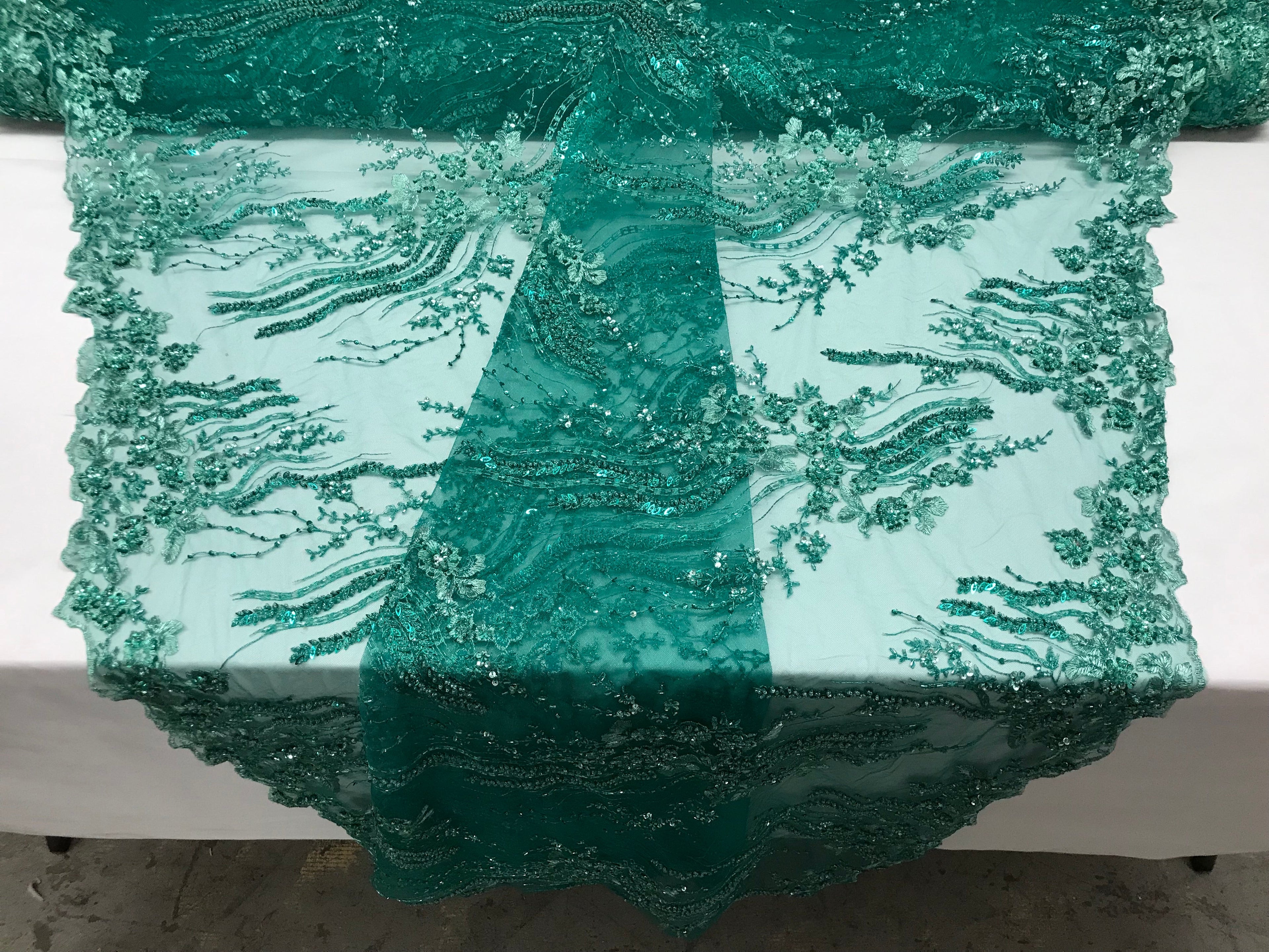 Beaded - Jade - Elegant Small Flower Pattern Design Sequins Fabric with Beads Sold By The Yard
