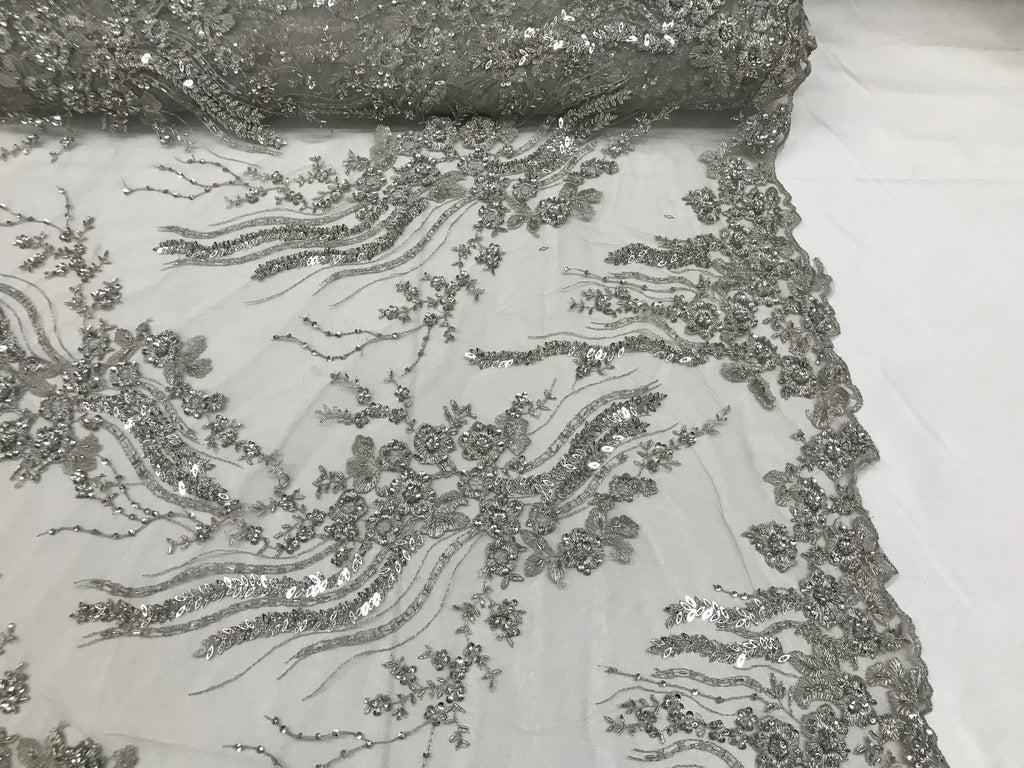 Beaded - Silver - Elegant Small Flower Pattern Design Sequins Fabric with Beads Sold By The Yard