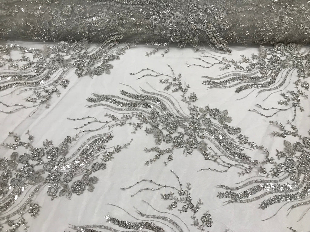Beaded - Silver - Elegant Small Flower Pattern Design Sequins Fabric with Beads Sold By The Yard