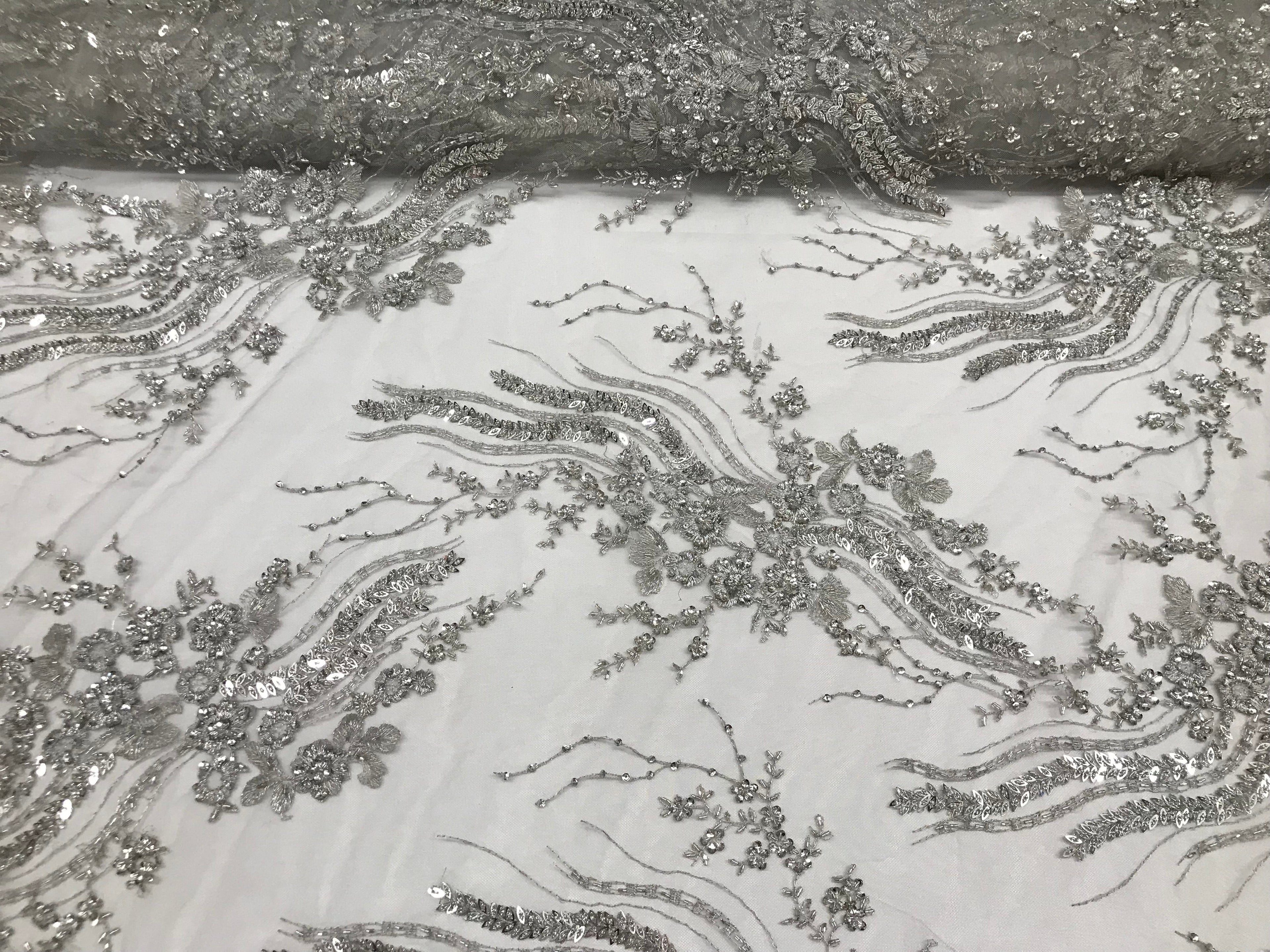 Beaded - Silver - Elegant Small Flower Pattern Design Sequins Fabric with Beads Sold By The Yard