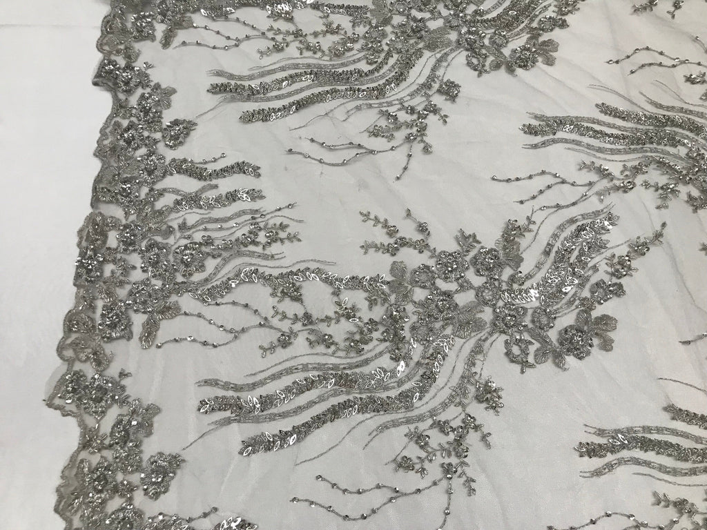 Beaded - Silver - Elegant Small Flower Pattern Design Sequins Fabric with Beads Sold By The Yard