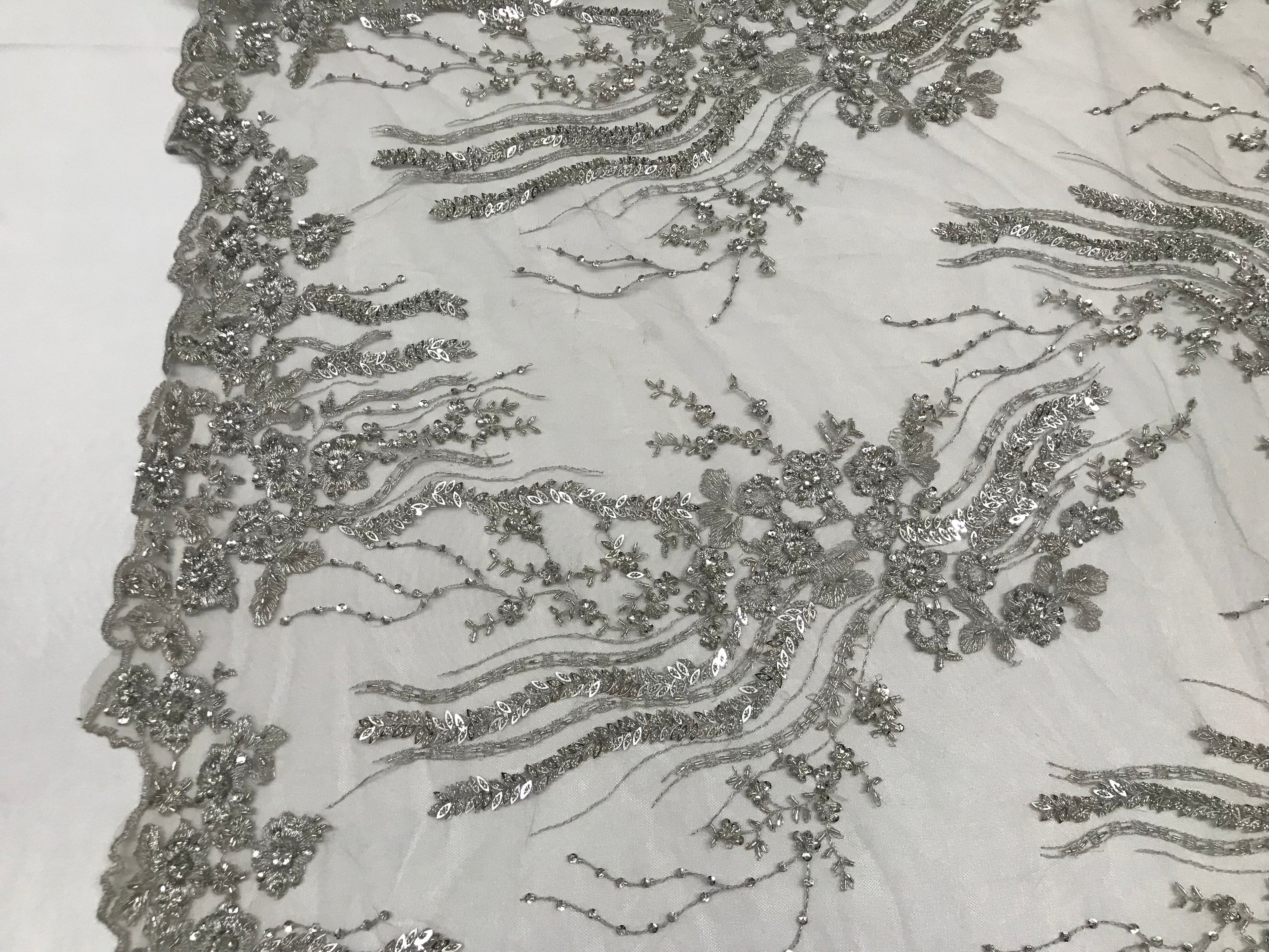 Beaded - Silver - Elegant Small Flower Pattern Design Sequins Fabric with Beads Sold By The Yard