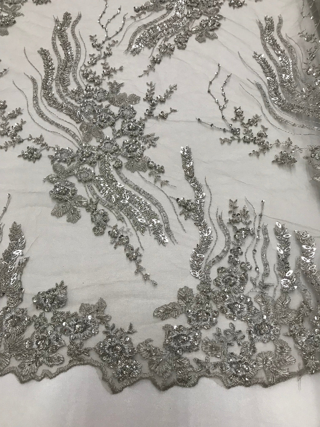 Beaded - Silver - Elegant Small Flower Pattern Design Sequins Fabric with Beads Sold By The Yard