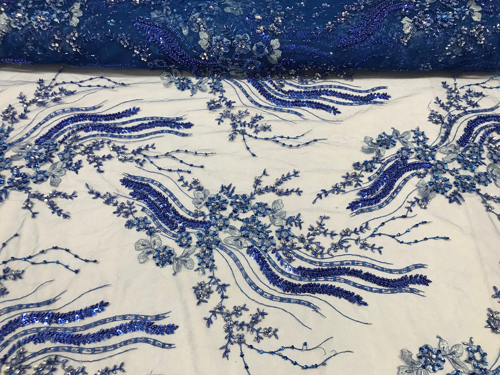 Beaded - Royal Blue - Elegant Small Flower Pattern Design Sequins Fabric with Beads Sold By The Yard