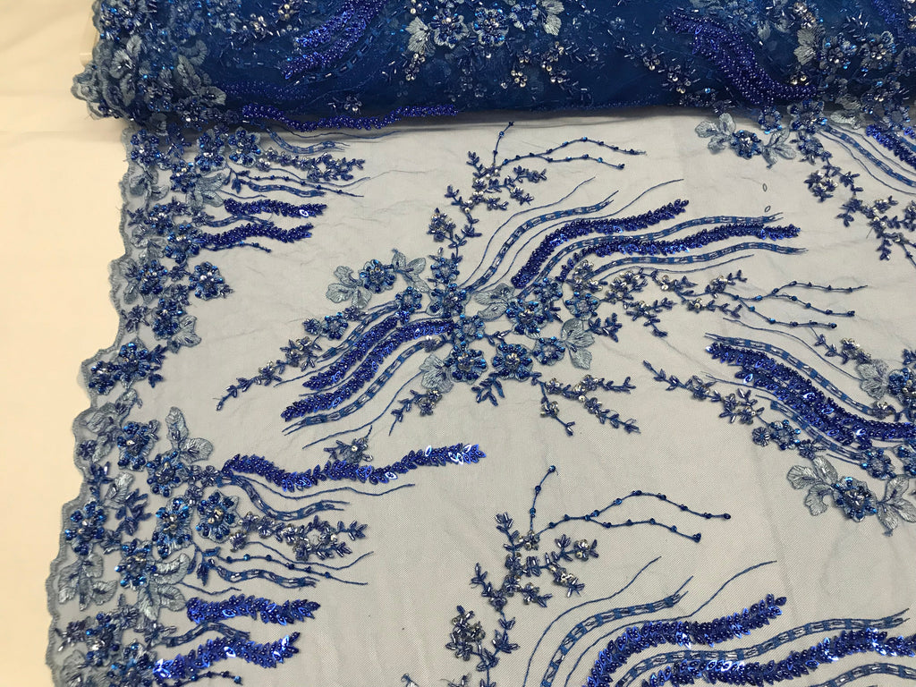 Beaded - Royal Blue - Elegant Small Flower Pattern Design Sequins Fabric with Beads Sold By The Yard