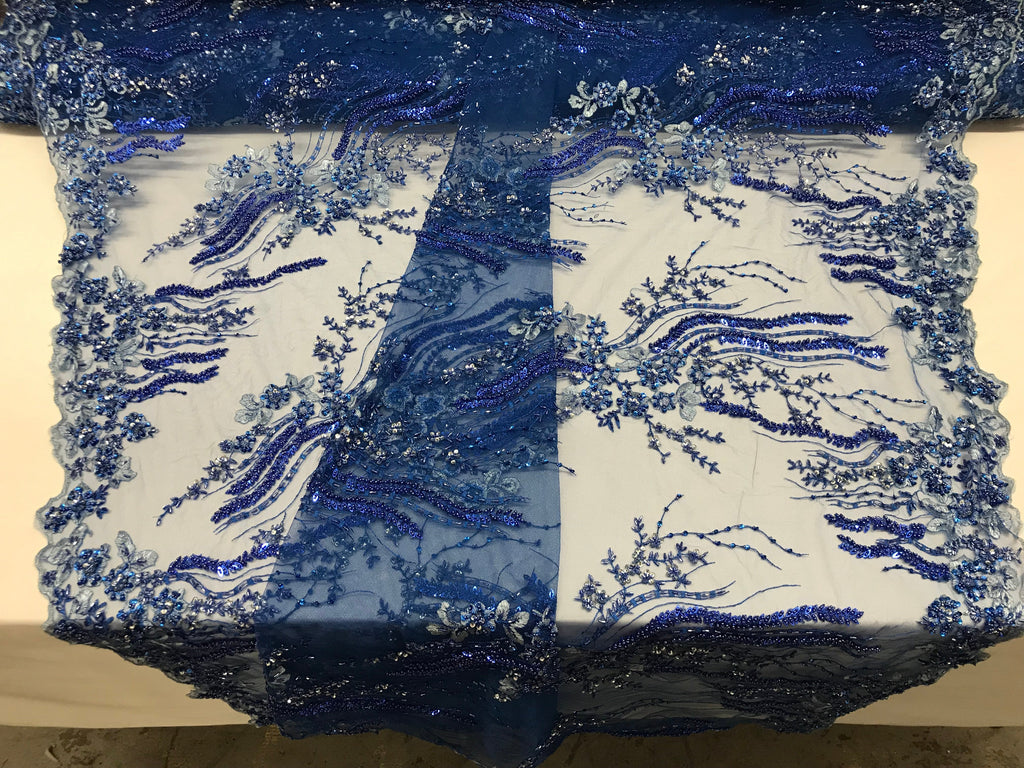 Beaded - Royal Blue - Elegant Small Flower Pattern Design Sequins Fabric with Beads Sold By The Yard