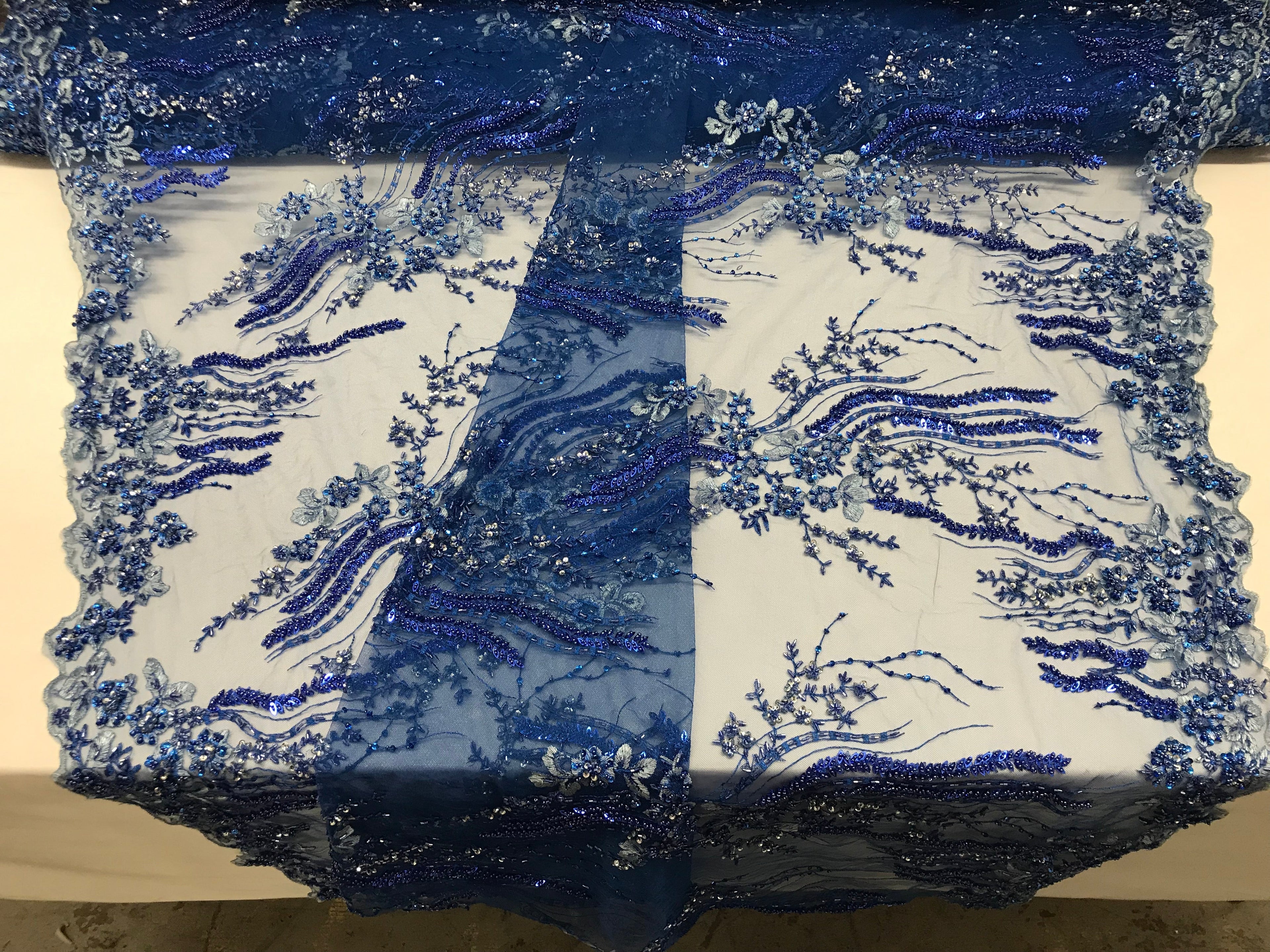 Beaded - Royal Blue - Elegant Small Flower Pattern Design Sequins Fabric with Beads Sold By The Yard