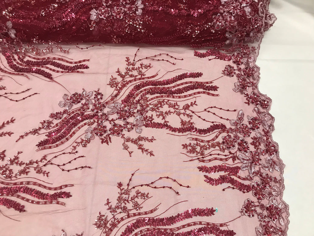 Beaded - Burgundy - Elegant Small Flower Pattern Design Sequins Fabric with Beads Sold By The Yard
