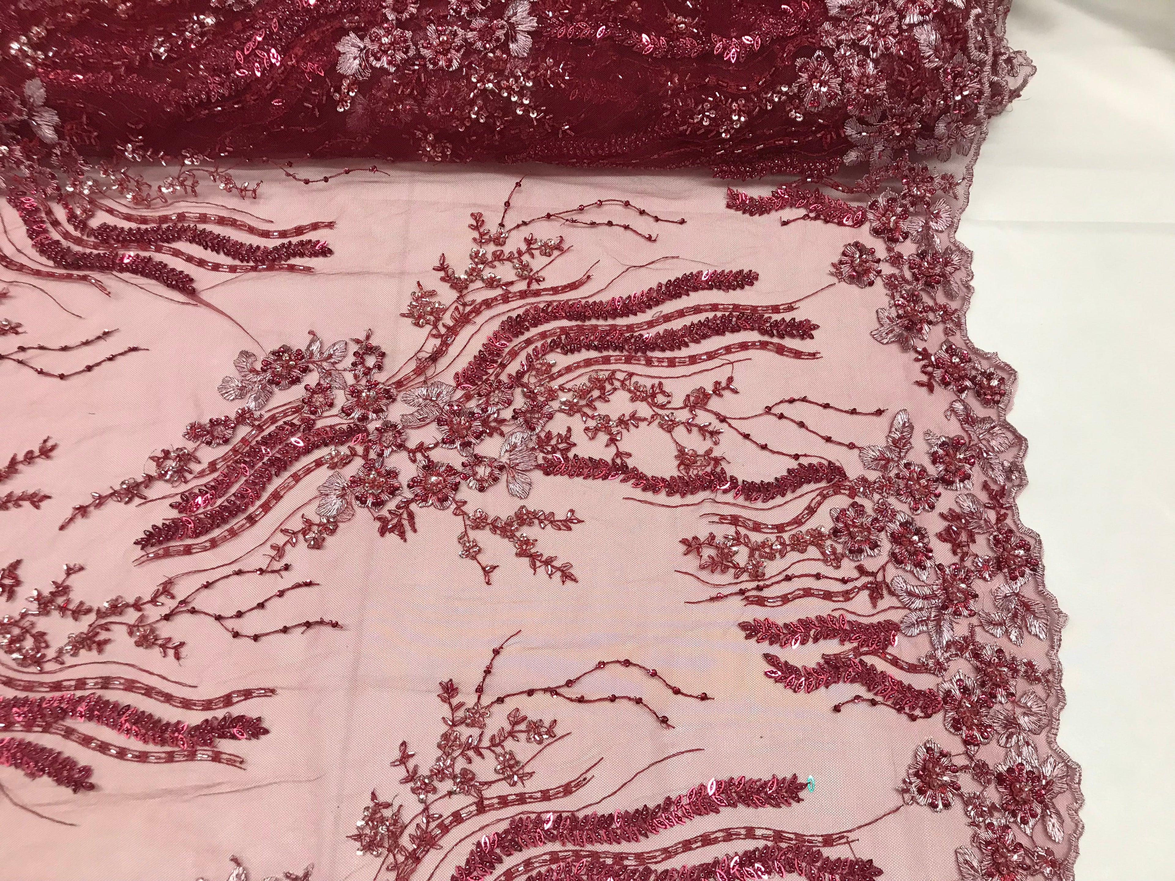 Beaded - Burgundy - Elegant Small Flower Pattern Design Sequins Fabric with Beads Sold By The Yard