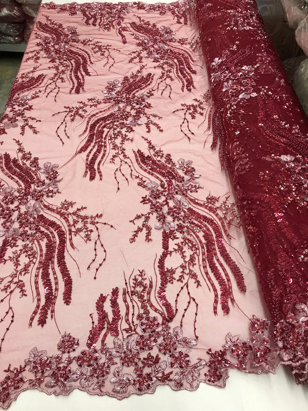 Beaded - Burgundy - Elegant Small Flower Pattern Design Sequins Fabric with Beads Sold By The Yard