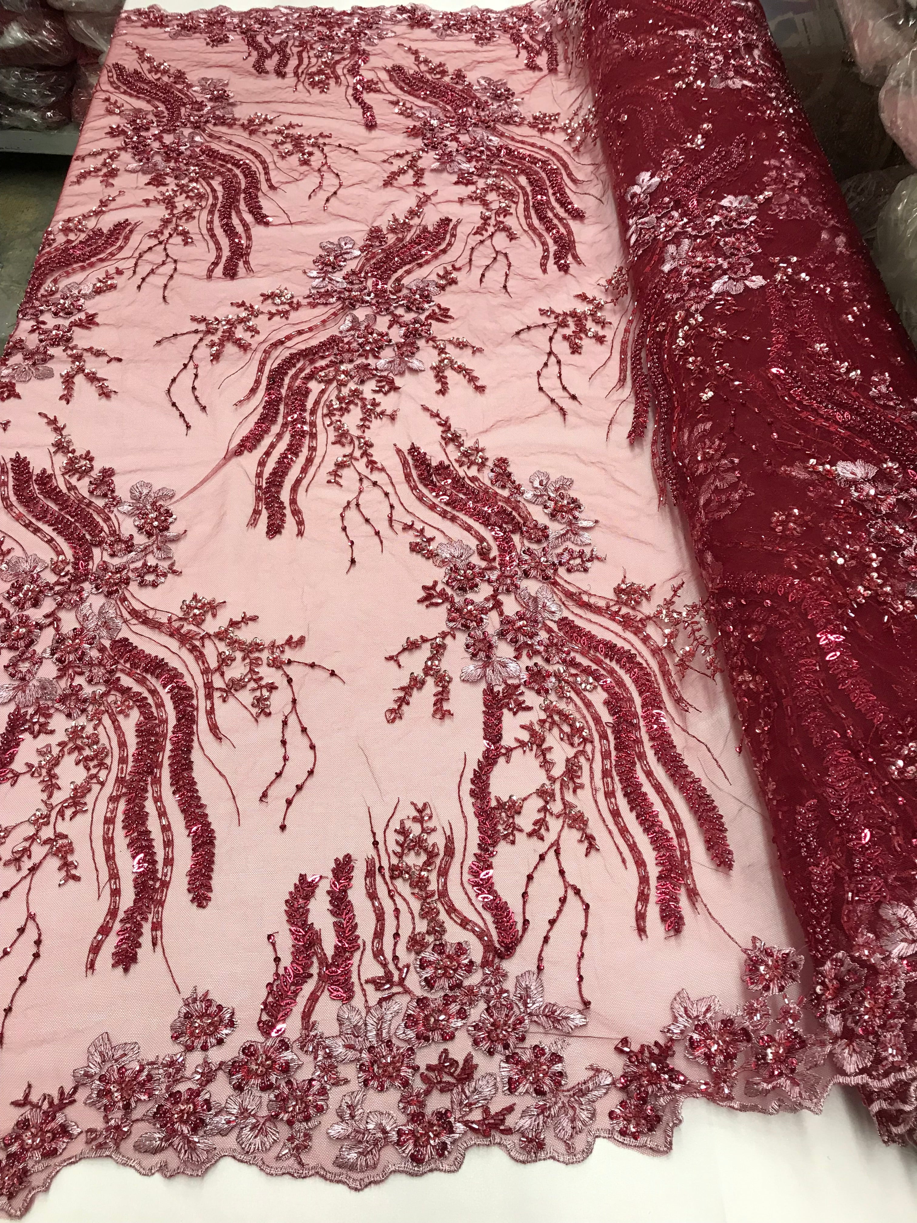 Beaded - Burgundy - Elegant Small Flower Pattern Design Sequins Fabric with Beads Sold By The Yard