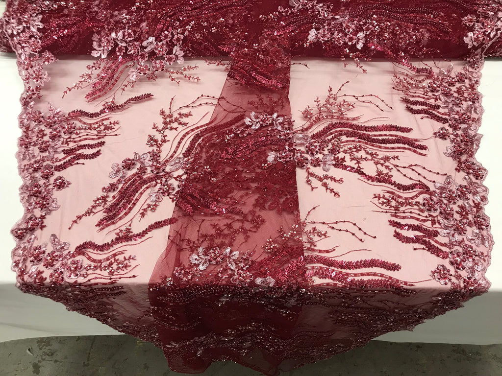 Beaded - Burgundy - Elegant Small Flower Pattern Design Sequins Fabric with Beads Sold By The Yard