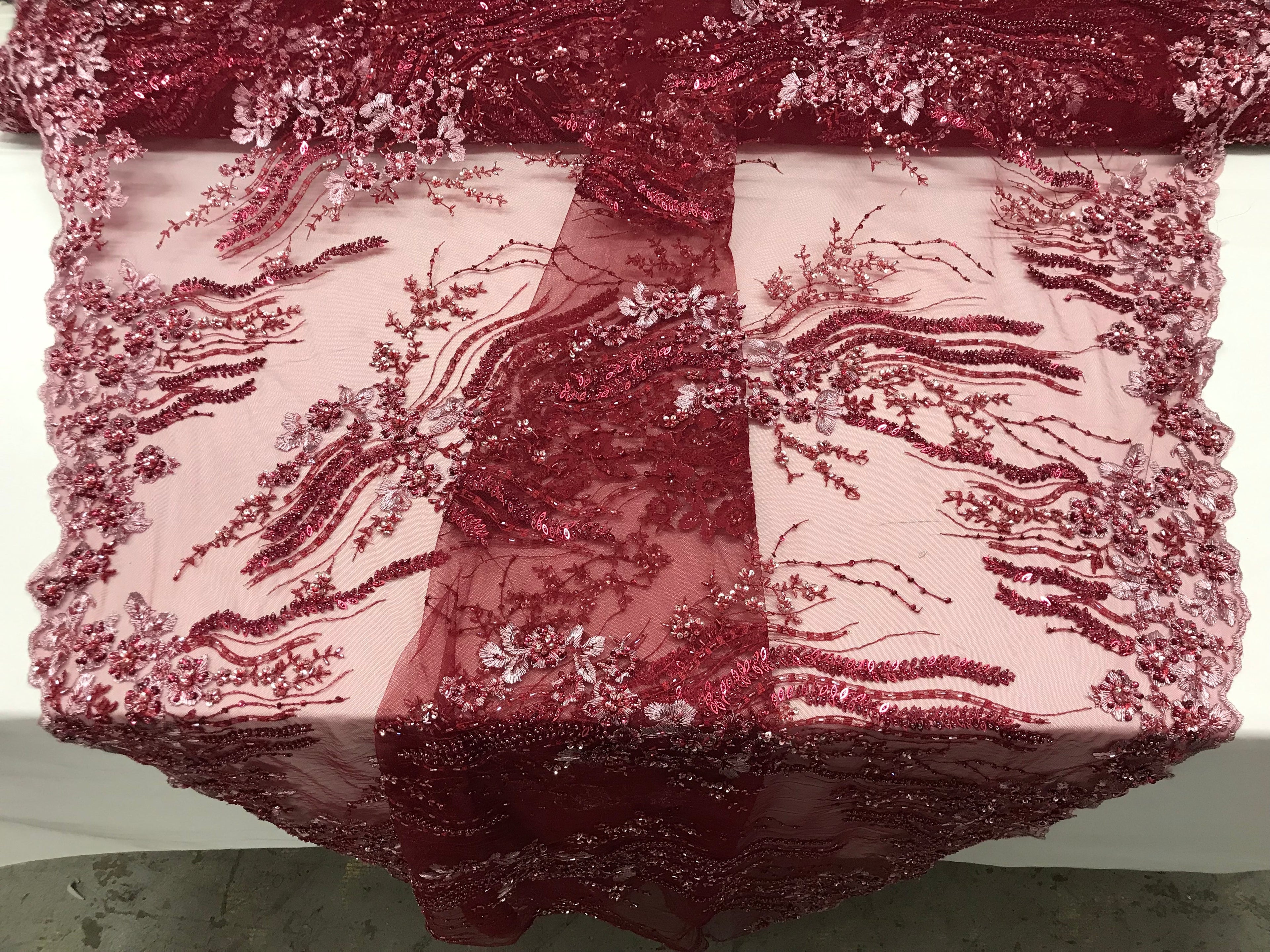 Beaded - Burgundy - Elegant Small Flower Pattern Design Sequins Fabric with Beads Sold By The Yard
