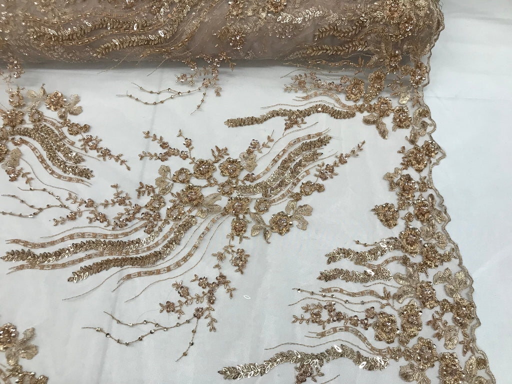 Beaded - Champagne - Elegant Small Flower Pattern Design Sequins Fabric with Beads Sold By The Yard