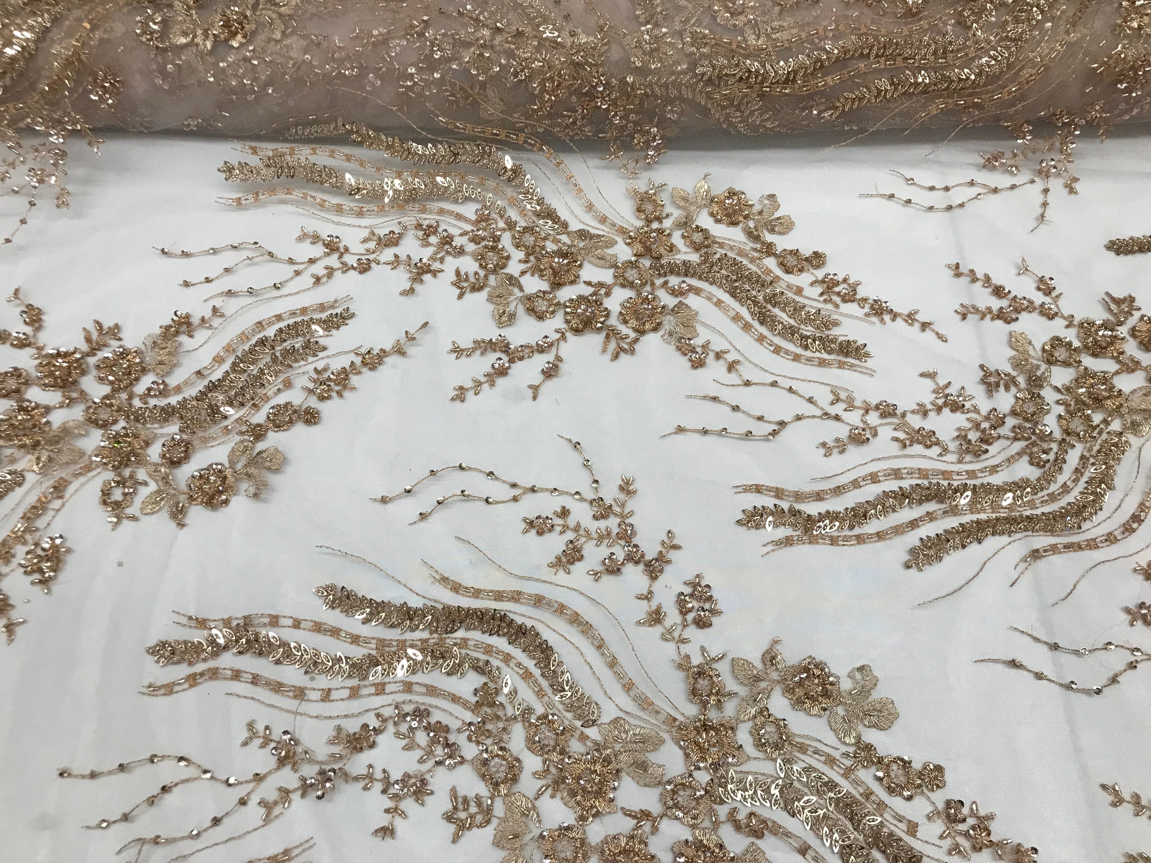 Beaded - Champagne - Elegant Small Flower Pattern Design Sequins Fabric with Beads Sold By The Yard
