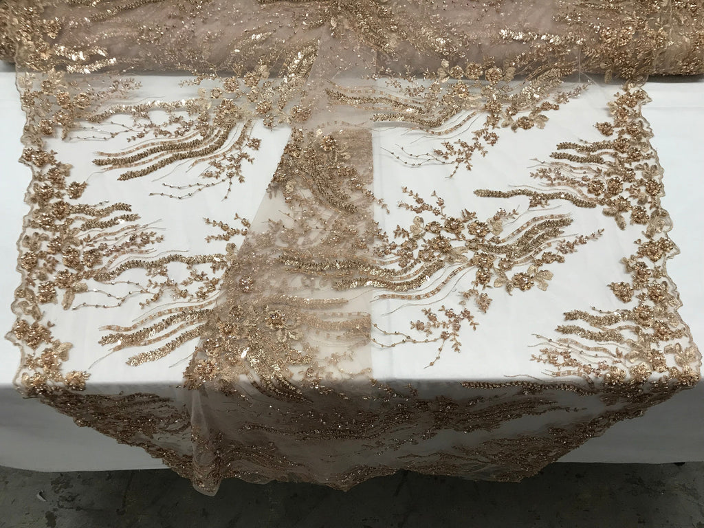 Beaded - Champagne - Elegant Small Flower Pattern Design Sequins Fabric with Beads Sold By The Yard
