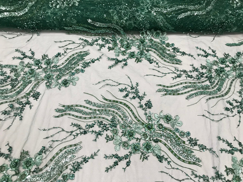 Beaded - Hunter Green - Elegant Small Flower Pattern Design Sequins Fabric with Beads Sold By Yard