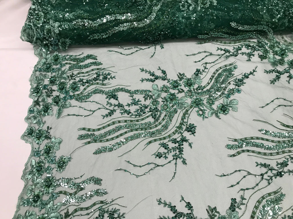 Beaded - Hunter Green - Elegant Small Flower Pattern Design Sequins Fabric with Beads Sold By Yard
