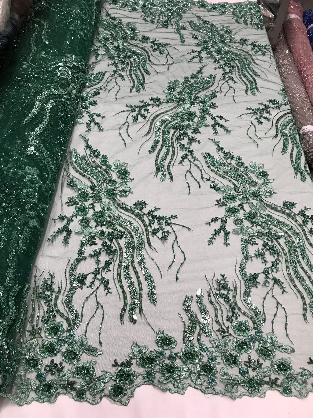 Beaded - Hunter Green - Elegant Small Flower Pattern Design Sequins Fabric with Beads Sold By Yard