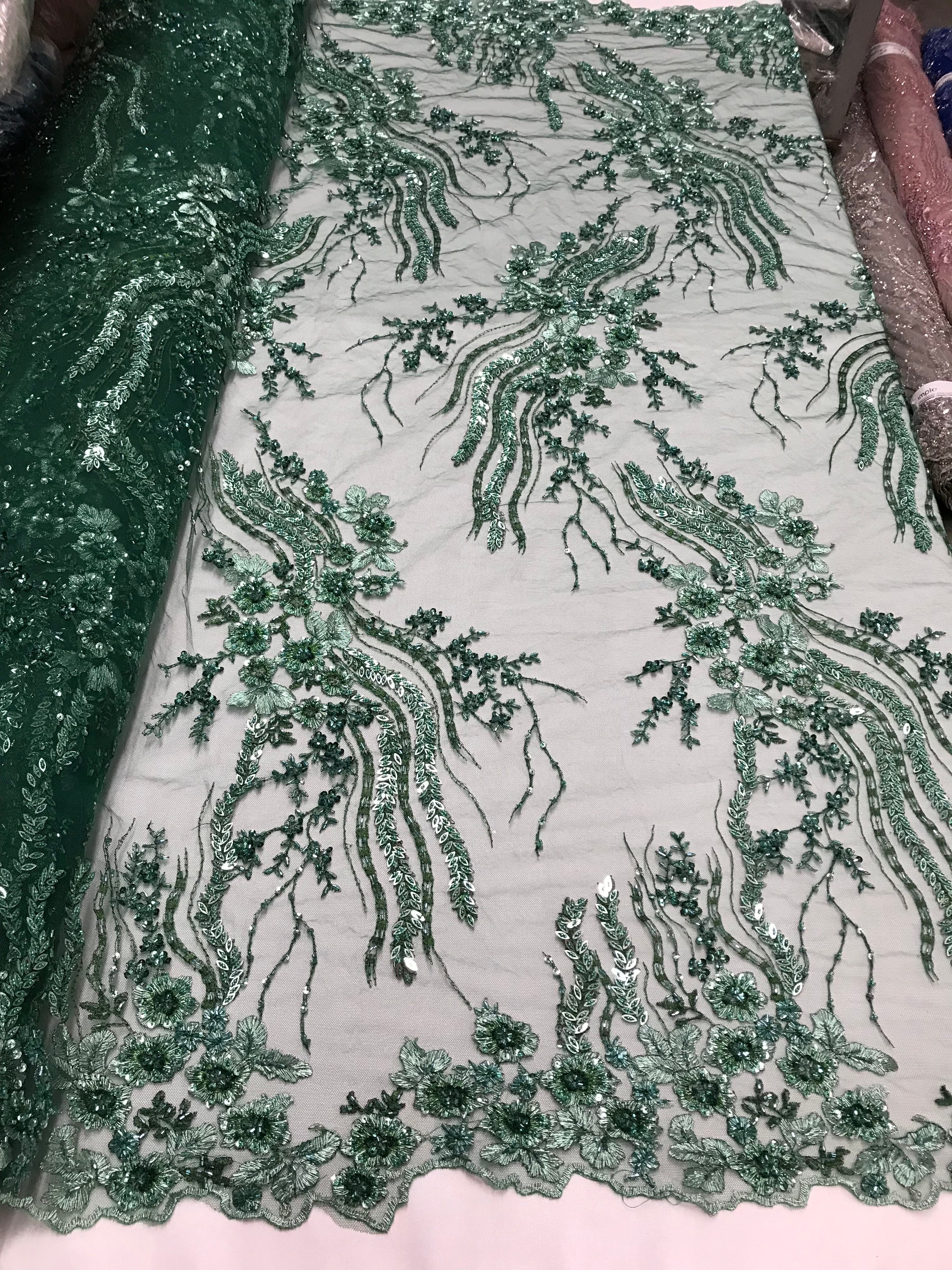 Beaded - Hunter Green - Elegant Small Flower Pattern Design Sequins Fabric with Beads Sold By Yard