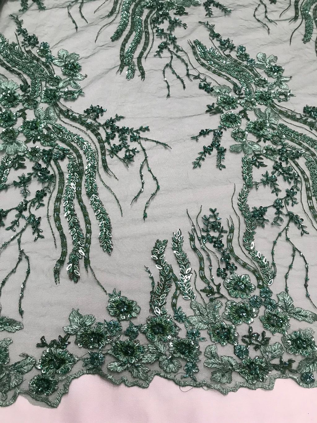Beaded - Hunter Green - Elegant Small Flower Pattern Design Sequins Fabric with Beads Sold By Yard