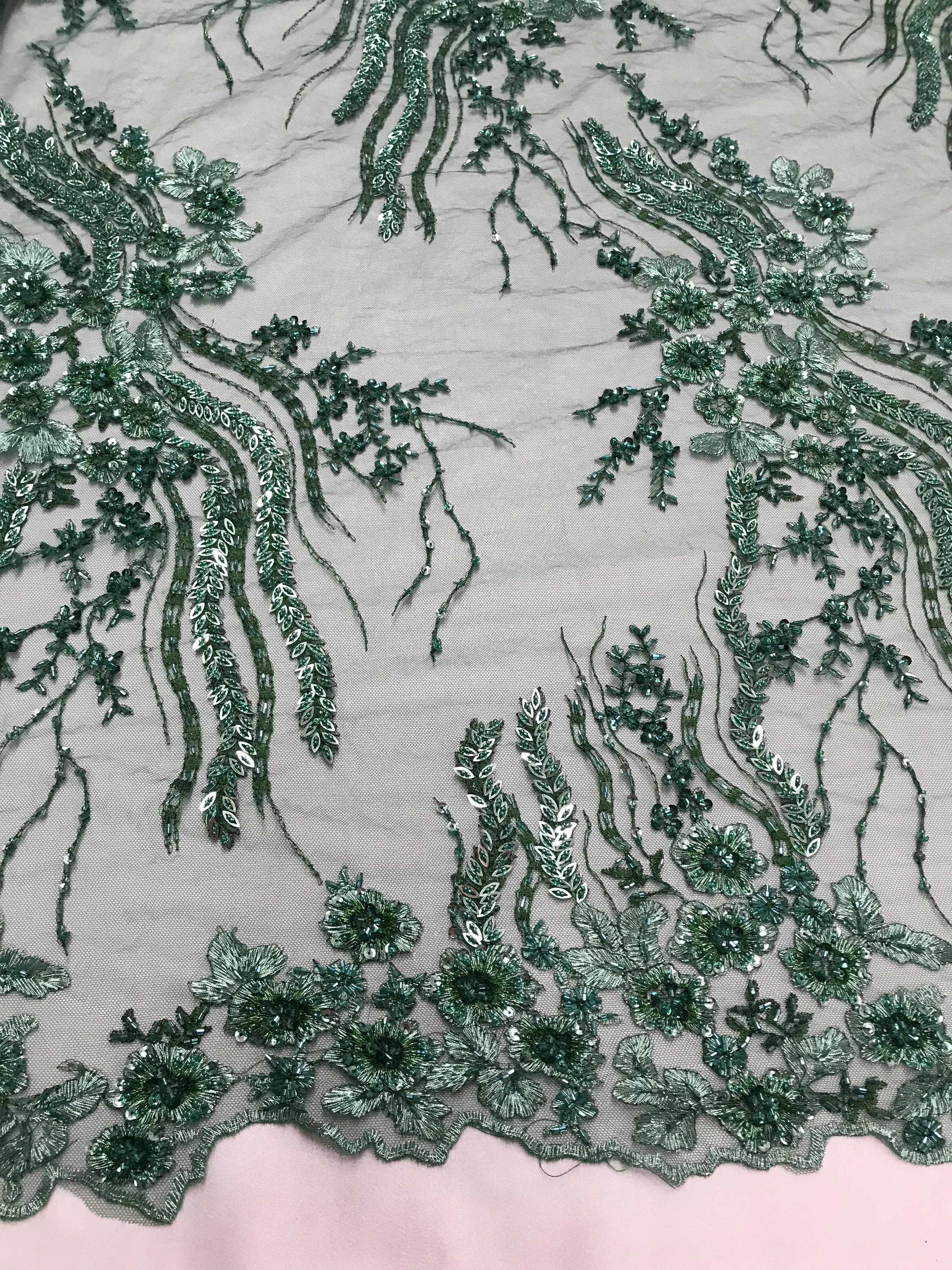 Beaded - Hunter Green - Elegant Small Flower Pattern Design Sequins Fabric with Beads Sold By Yard