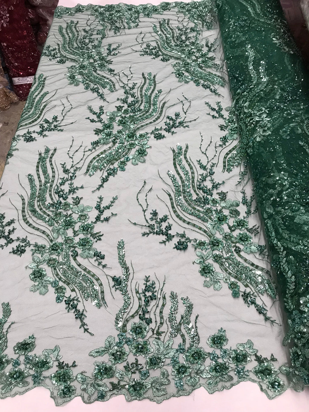 Beaded - Hunter Green - Elegant Small Flower Pattern Design Sequins Fabric with Beads Sold By Yard