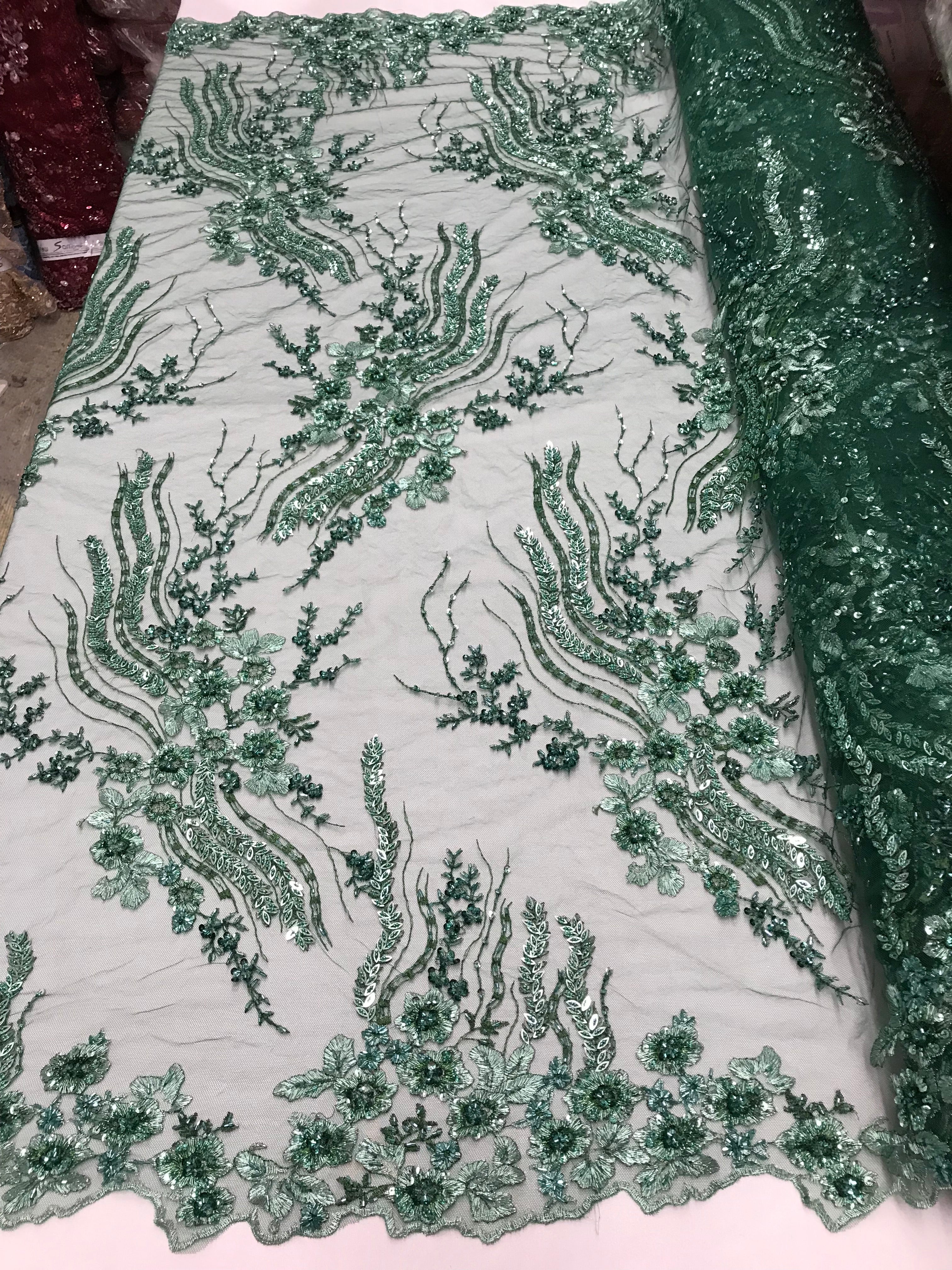 Beaded - Hunter Green - Elegant Small Flower Pattern Design Sequins Fabric with Beads Sold By Yard