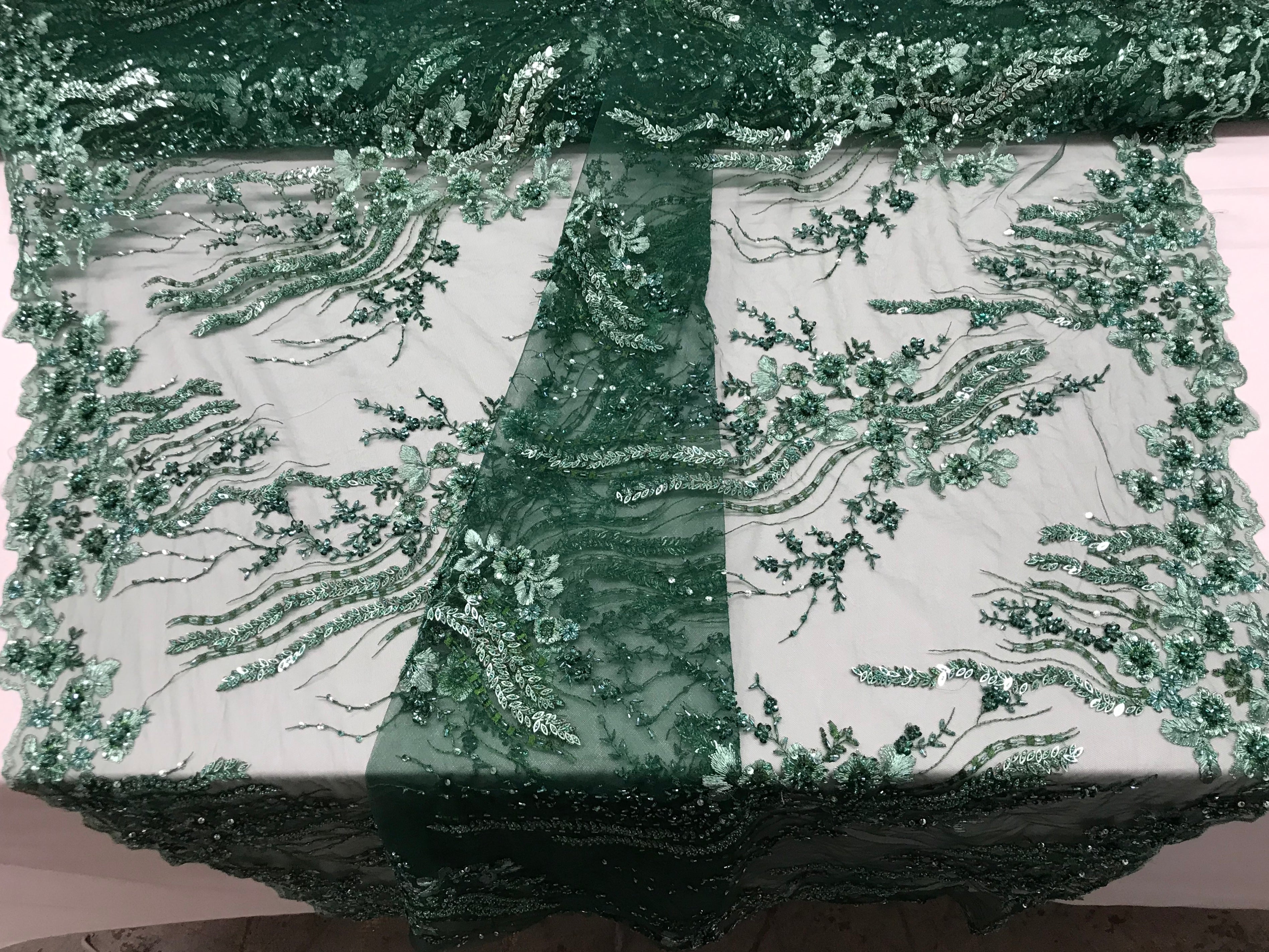 Beaded - Hunter Green - Elegant Small Flower Pattern Design Sequins Fabric with Beads Sold By Yard