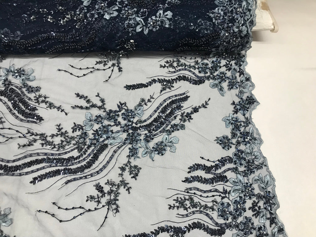 Beaded - Navy - Elegant Small Flower Pattern Design Sequins Fabric with Beads Sold By The Yard