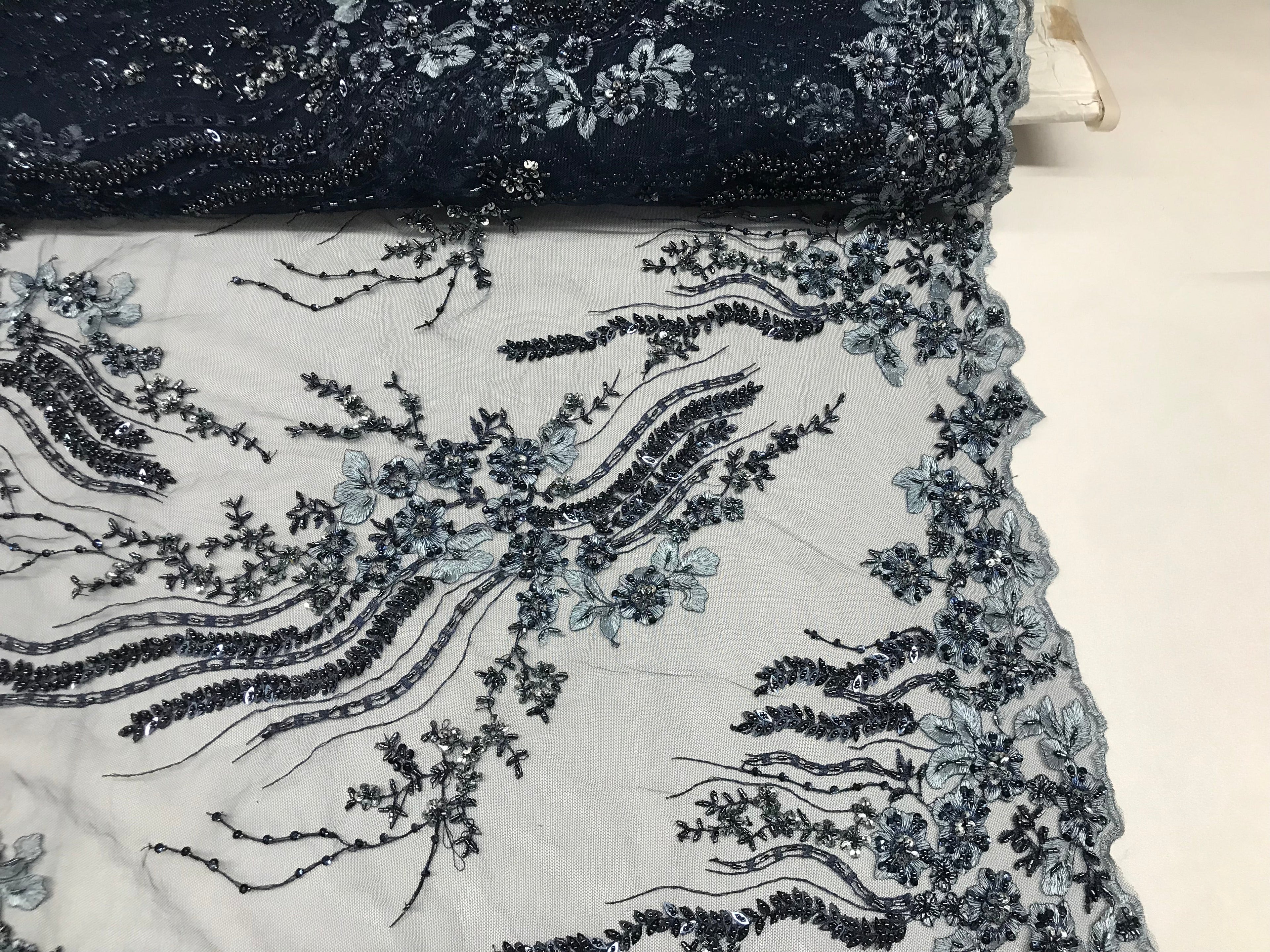 Beaded - Navy - Elegant Small Flower Pattern Design Sequins Fabric with Beads Sold By The Yard