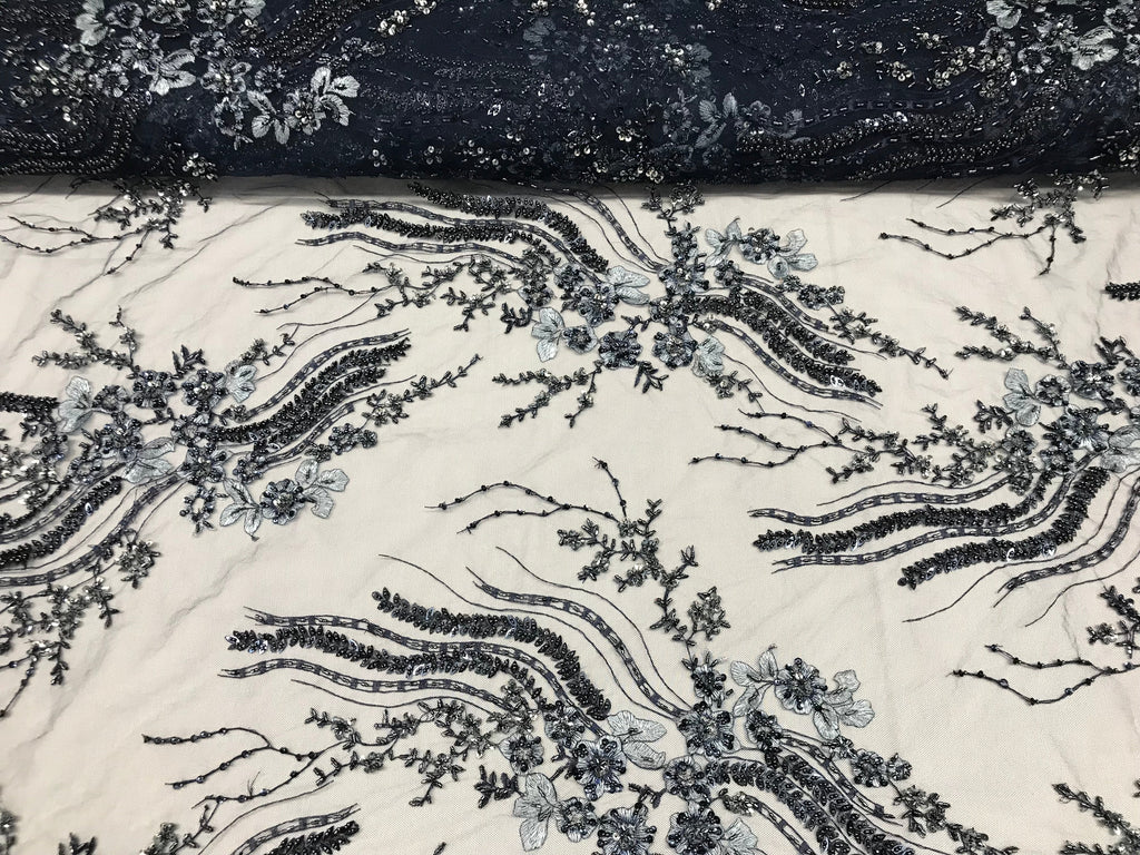 Beaded - Navy - Elegant Small Flower Pattern Design Sequins Fabric with Beads Sold By The Yard