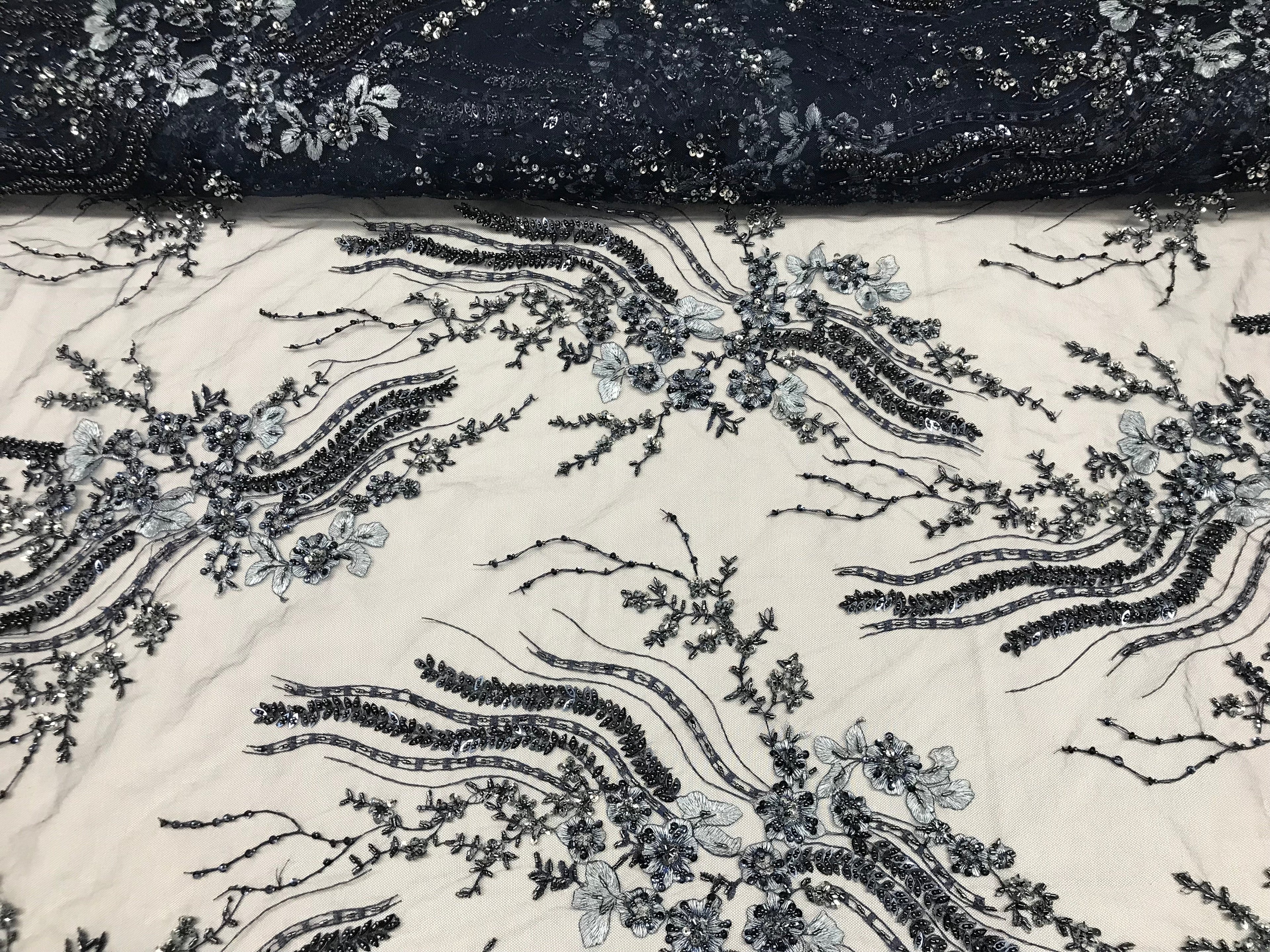Beaded - Navy - Elegant Small Flower Pattern Design Sequins Fabric with Beads Sold By The Yard