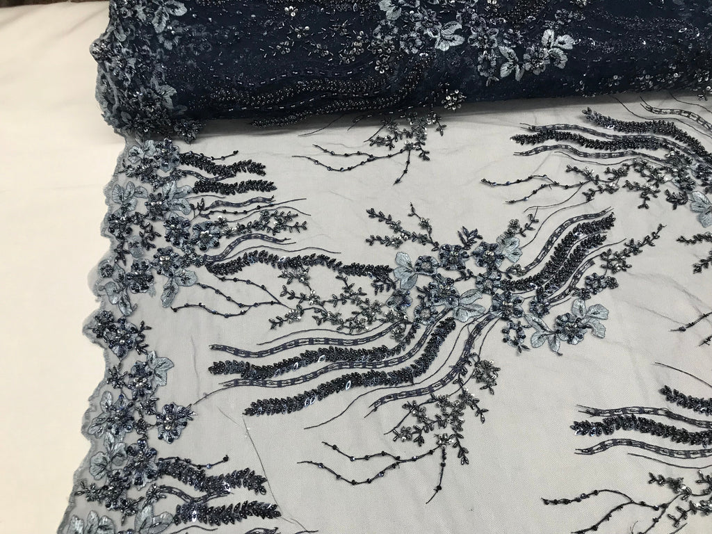 Beaded - Navy - Elegant Small Flower Pattern Design Sequins Fabric with Beads Sold By The Yard