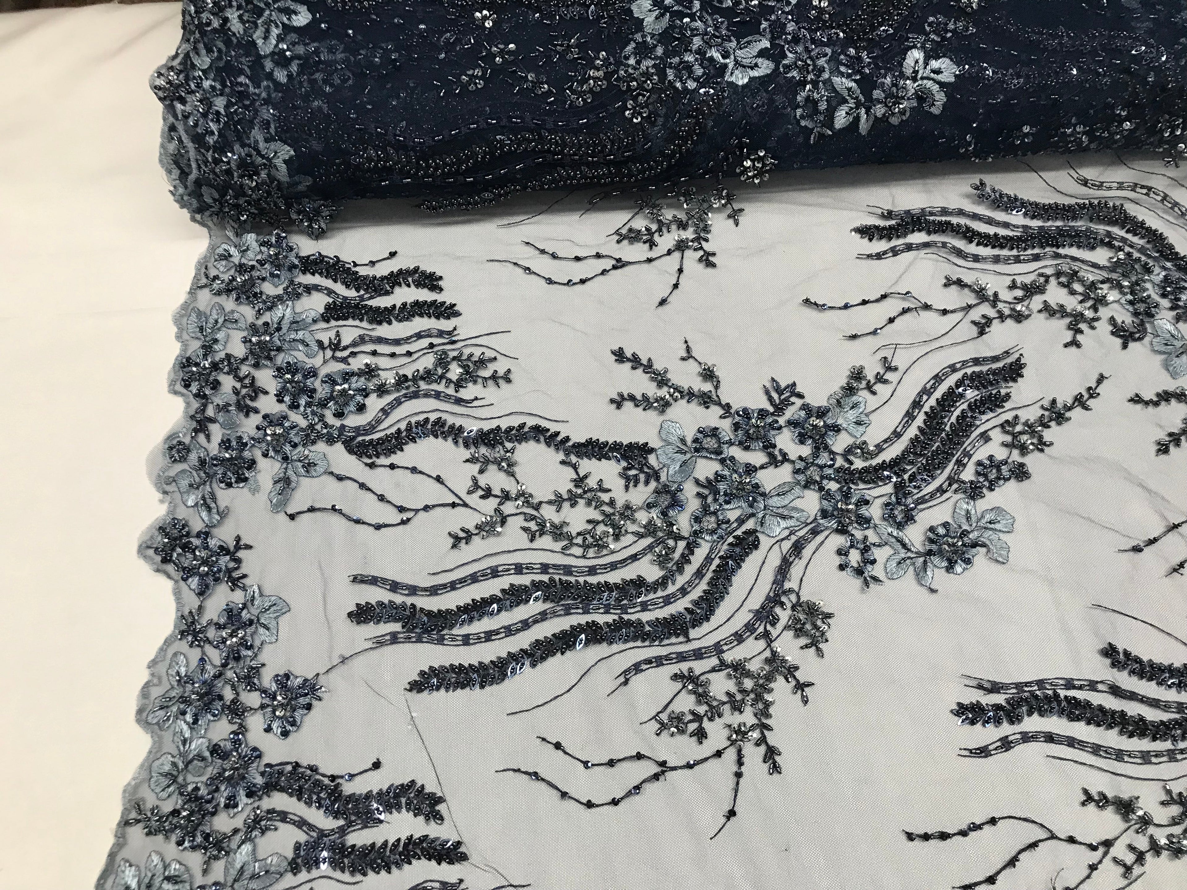 Beaded - Navy - Elegant Small Flower Pattern Design Sequins Fabric with Beads Sold By The Yard