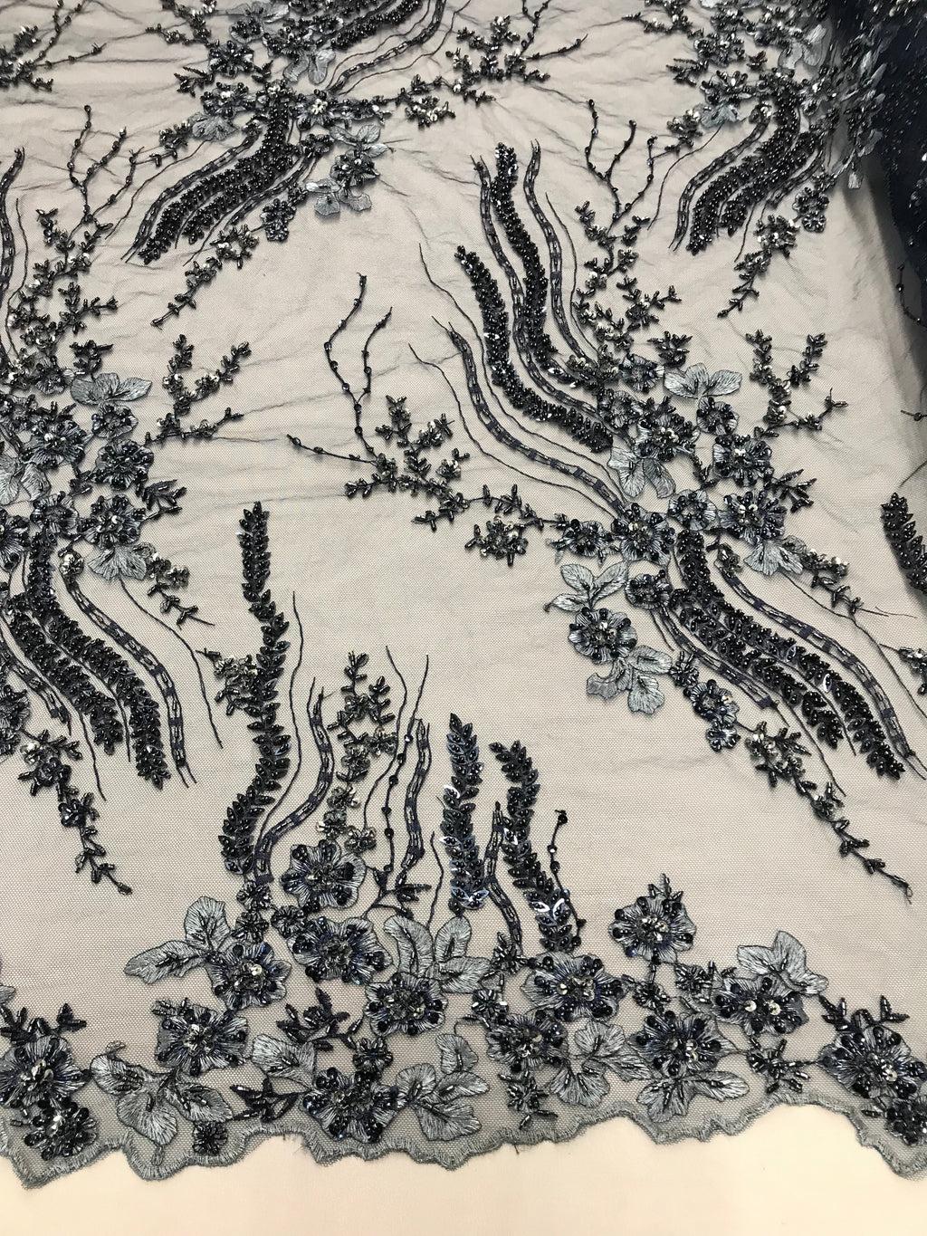 Beaded - Navy - Elegant Small Flower Pattern Design Sequins Fabric with Beads Sold By The Yard
