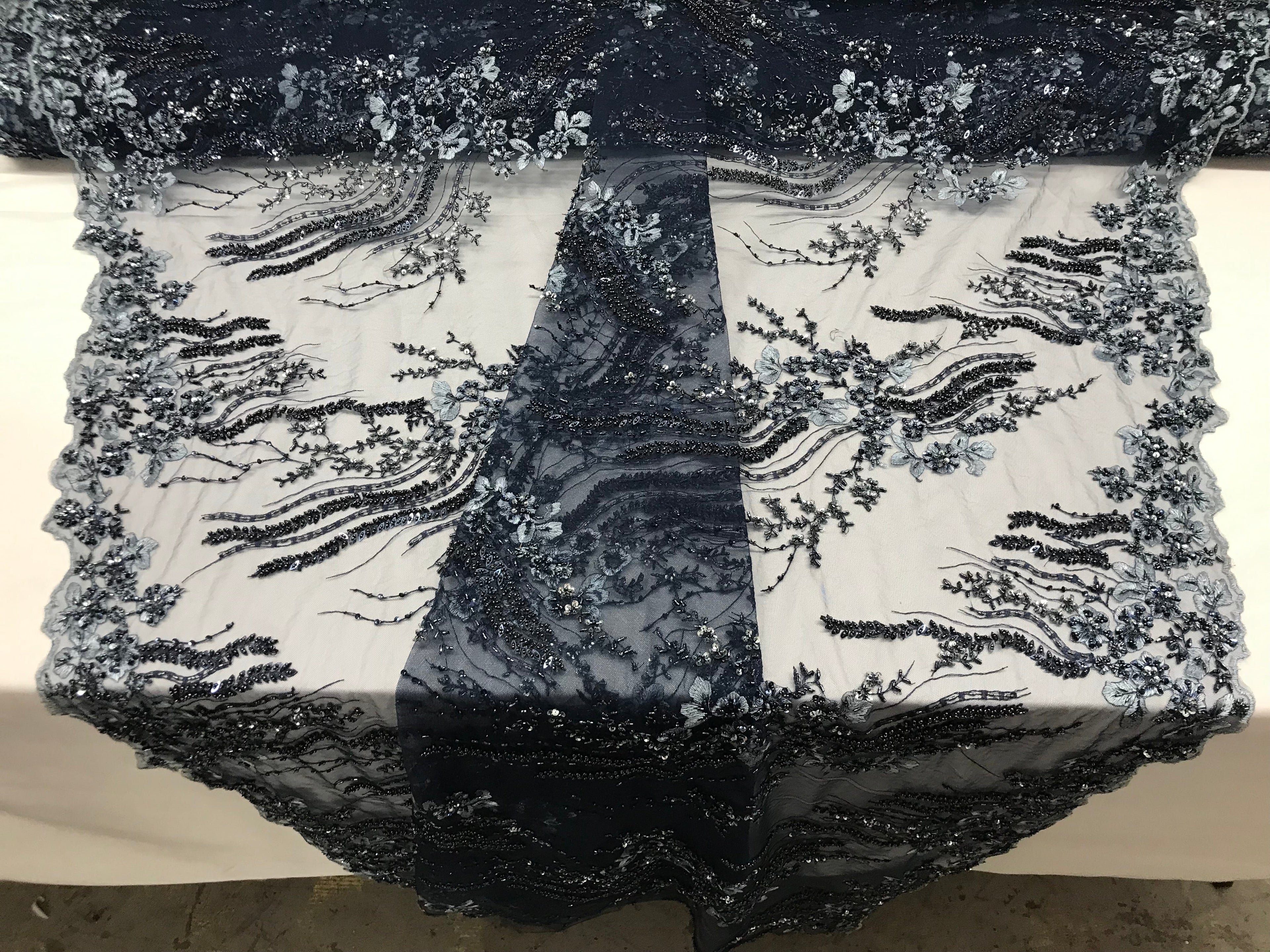Beaded - Navy - Elegant Small Flower Pattern Design Sequins Fabric with Beads Sold By The Yard