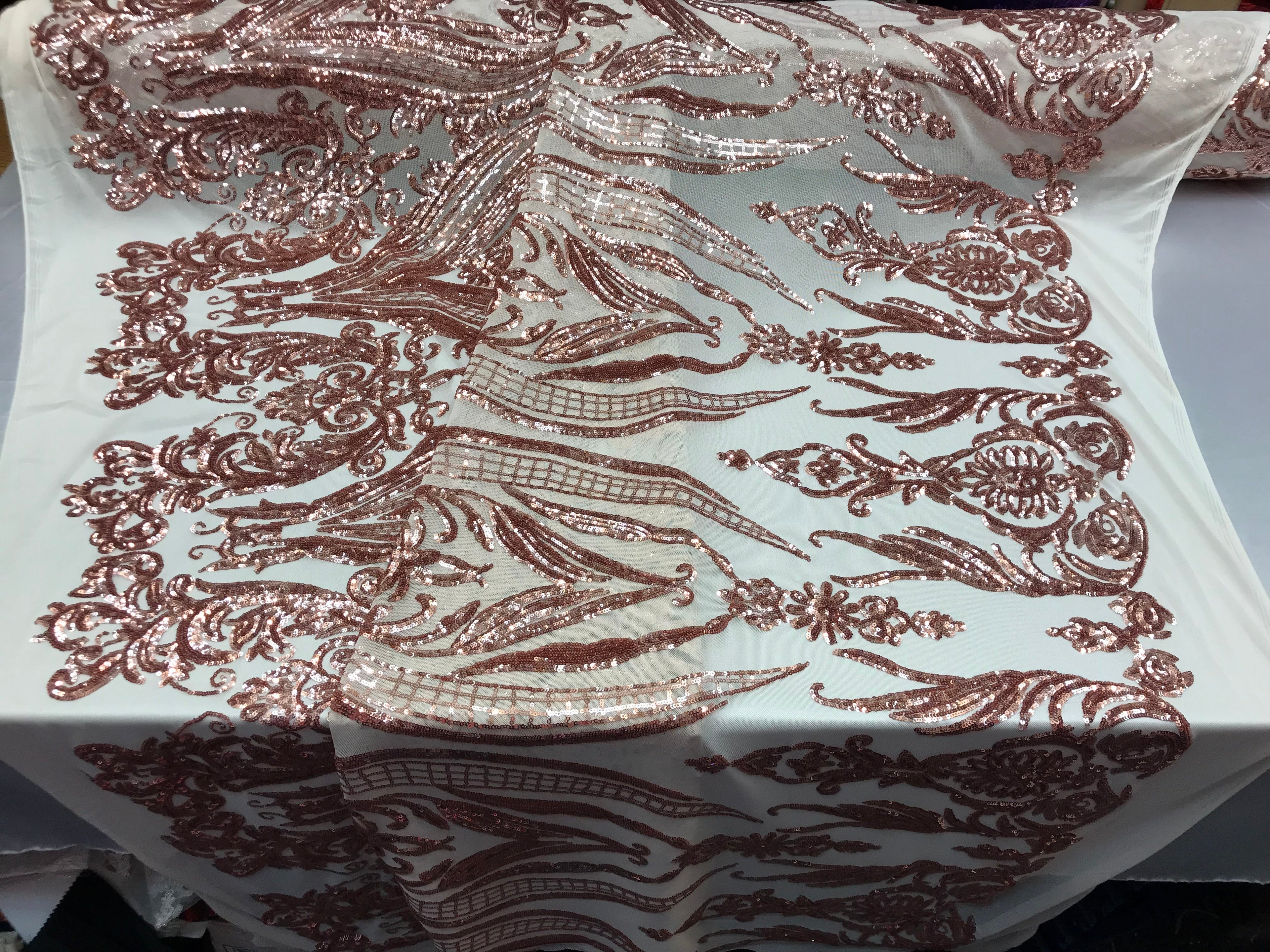 4 Way Stretch - Blush with Nude Mesh - Sequins Pattern Elegant Design Mesh Fabric Sold By The Yard