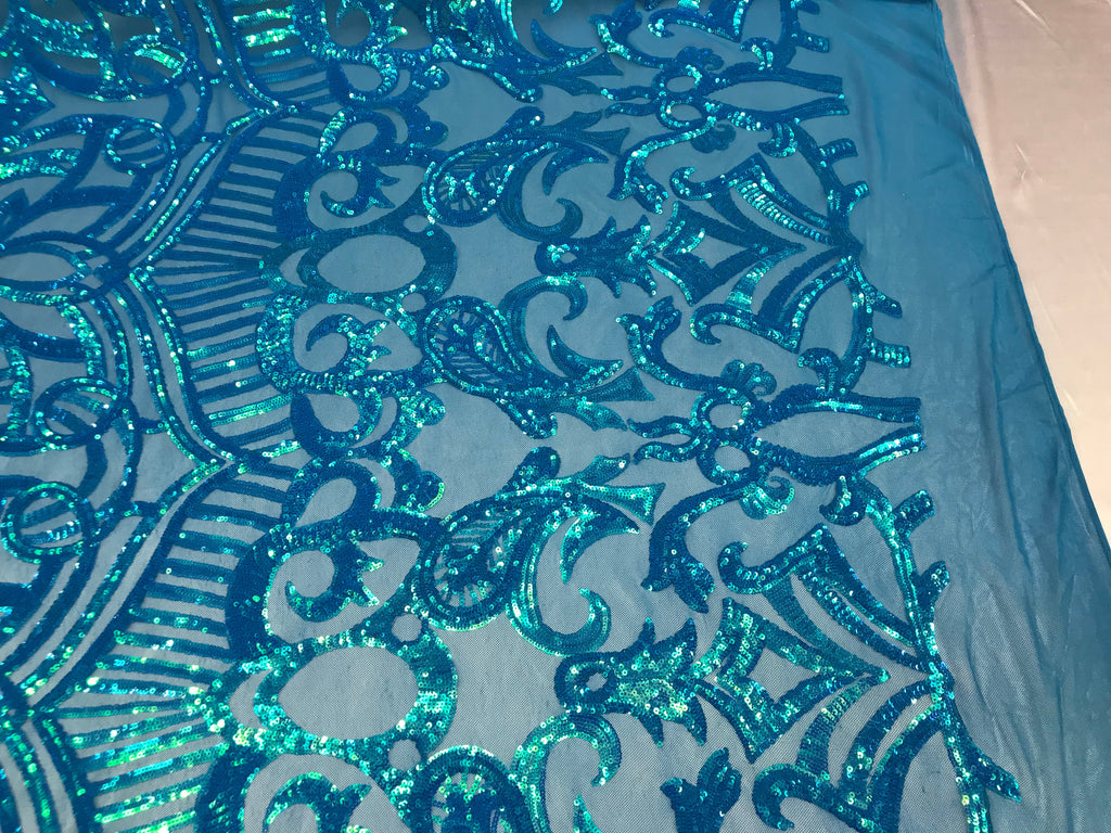 Turquoise - 4 Way Stretch Embroidered Royalty Sequins Design Fabric By Yard