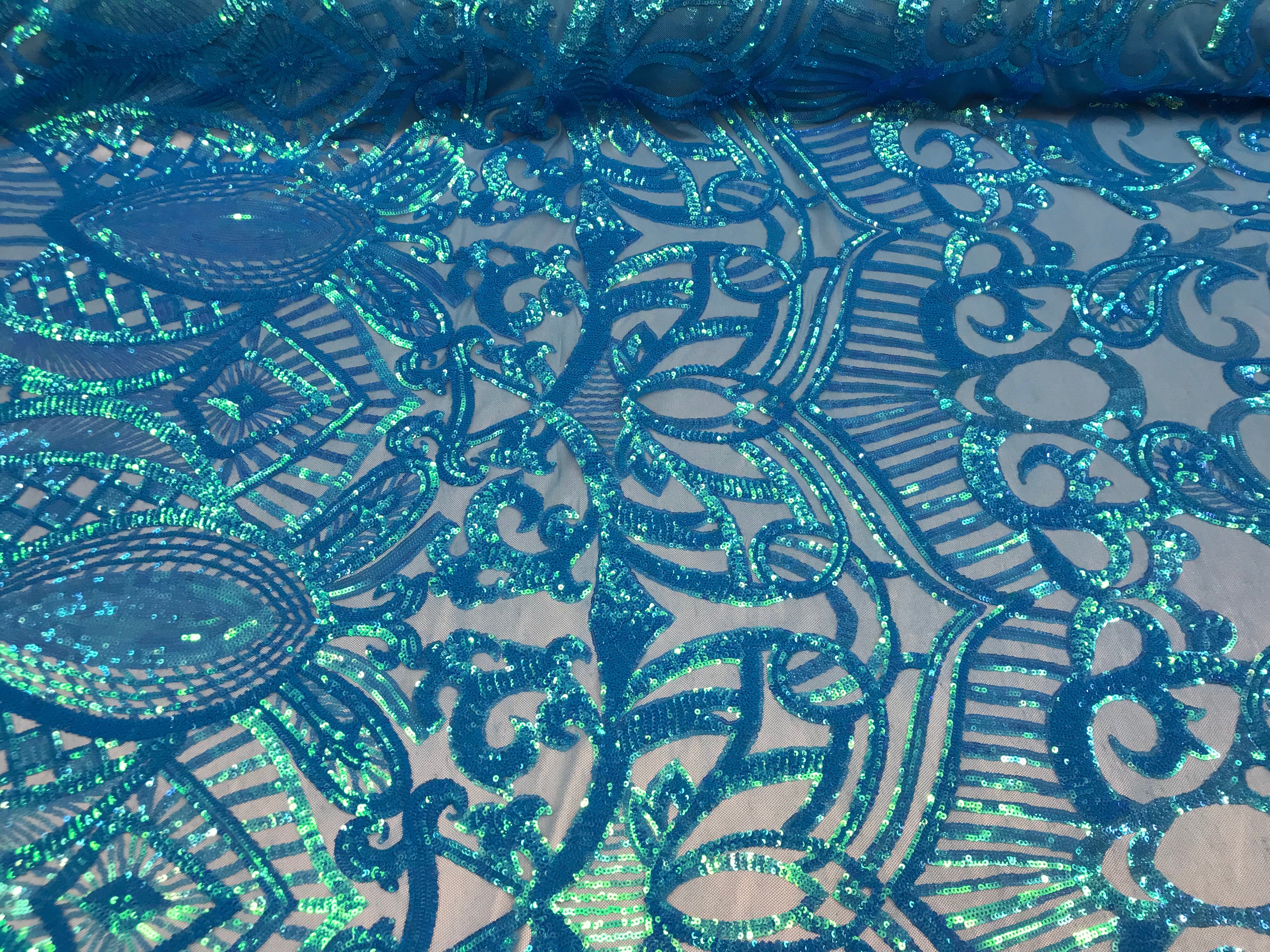 Turquoise - 4 Way Stretch Embroidered Royalty Sequins Design Fabric By Yard