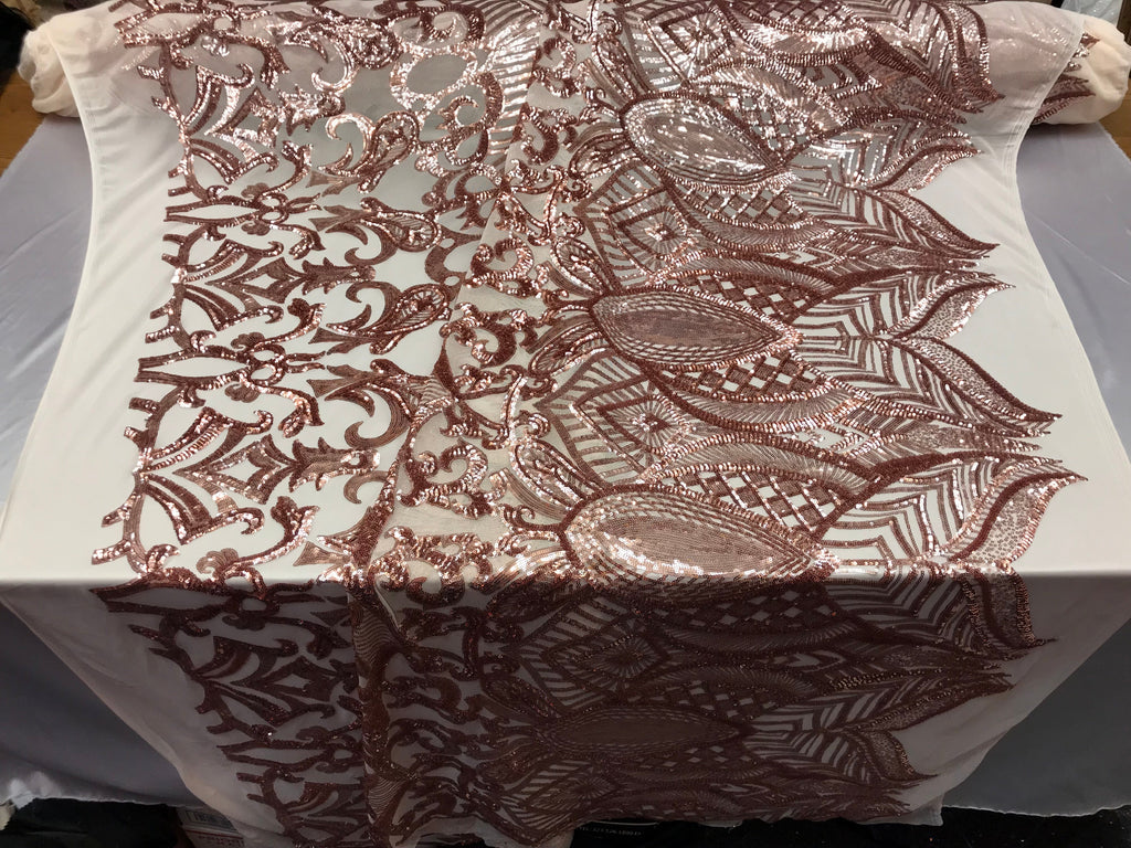 Rose Gold sequins fabric 4 Way Stretch Embroidered Royalty Sequins Fancy Design Fabric By Yard