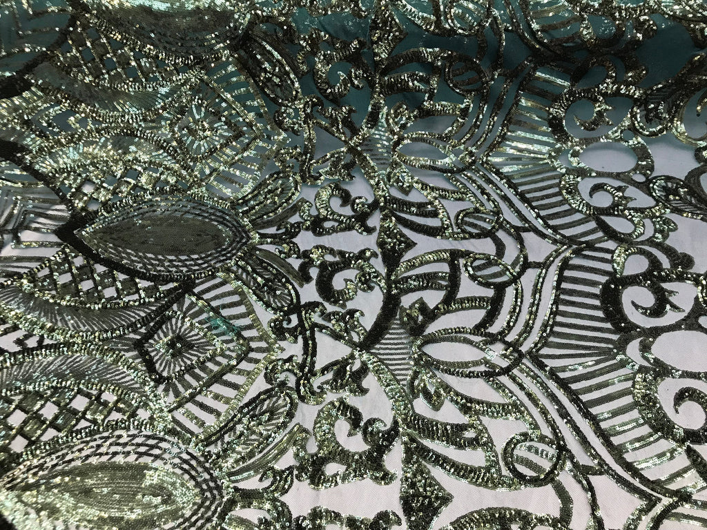 Hunter Green - 4 Way Stretch Embroidered Royalty Sequins Design Fabric By Yard